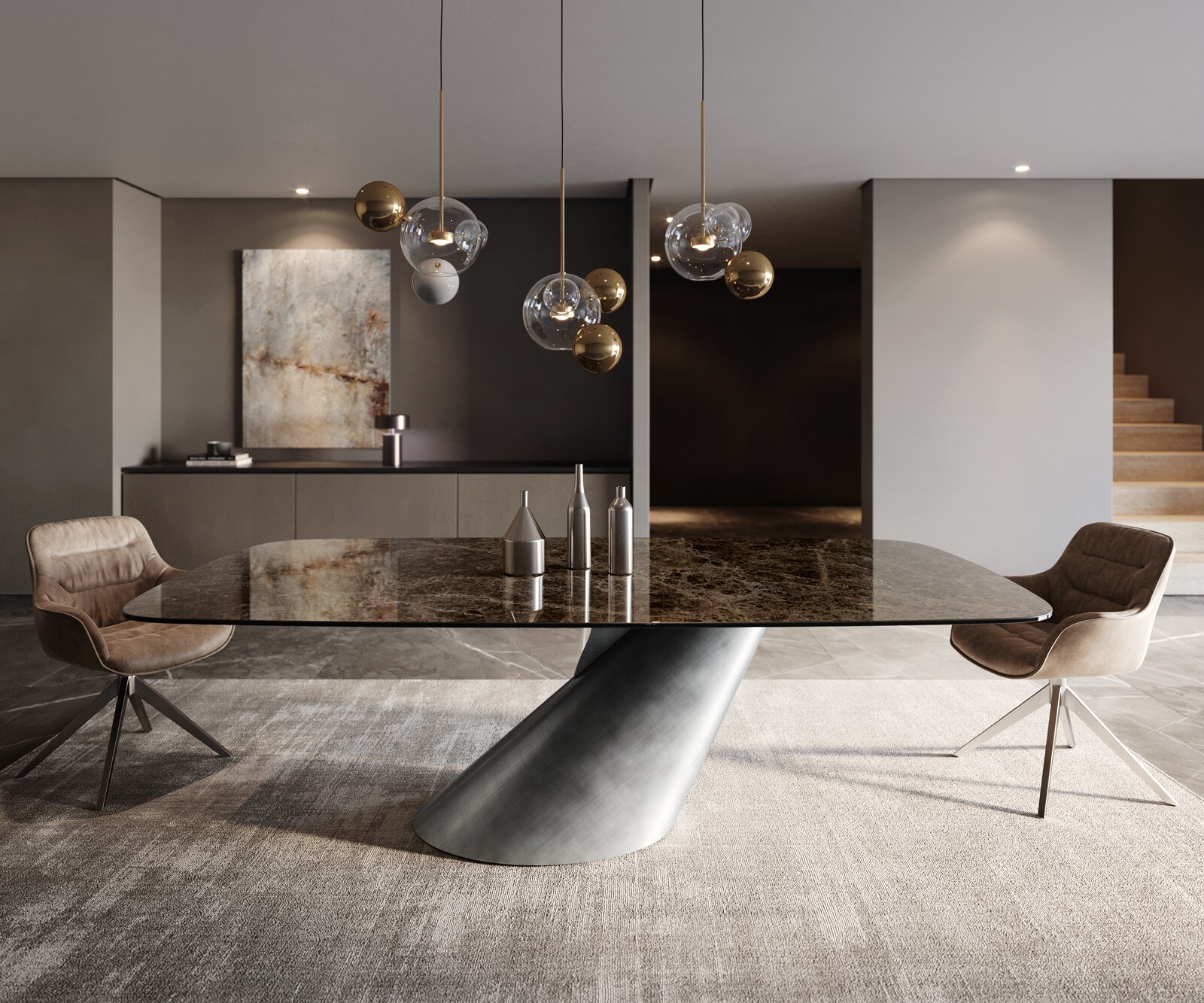 Table de salle à manger Edge Boot Céramique Emperador Extra Lucidato Brun foncé 240x120 Cono Métallique Argent 1
