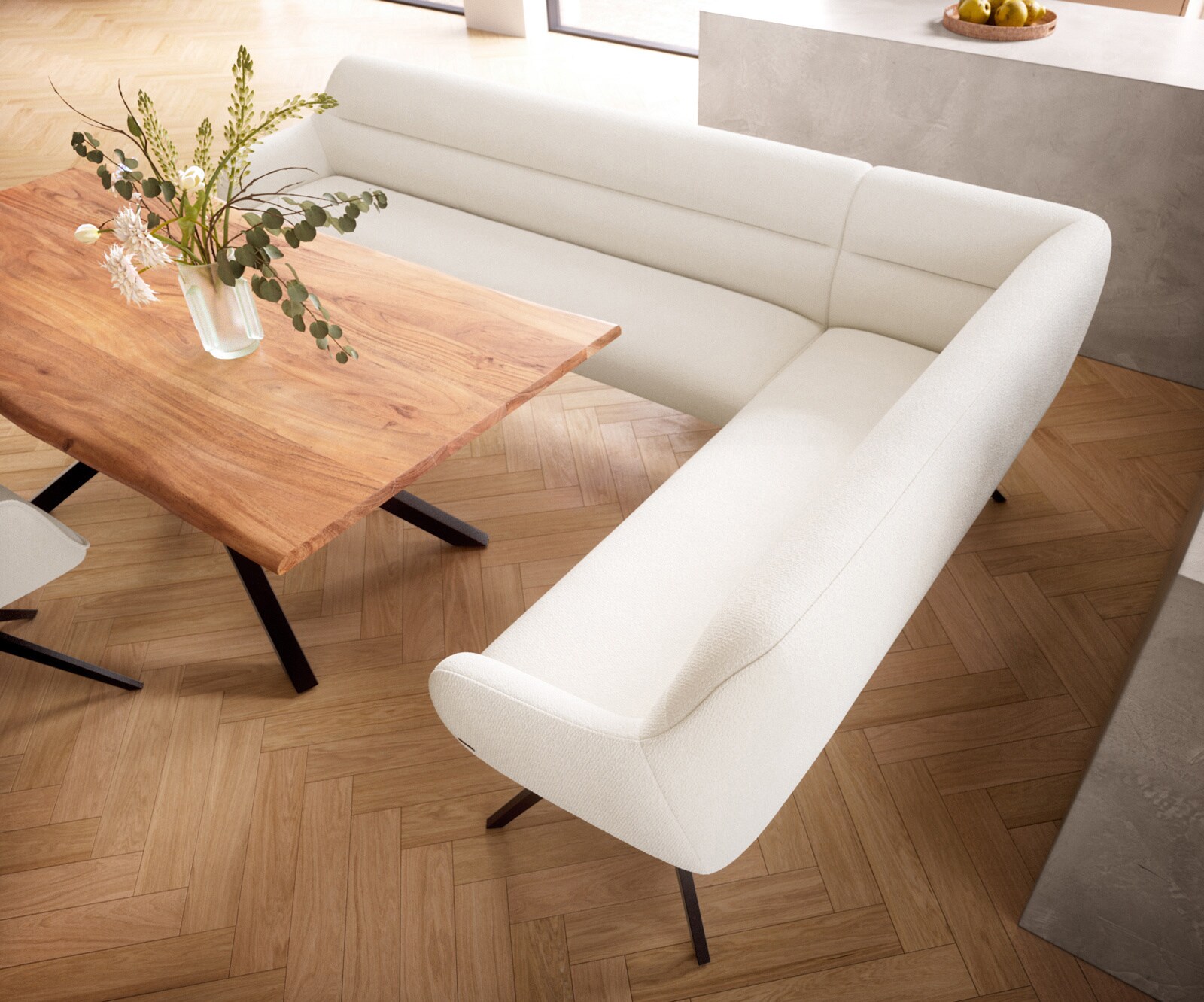 Banc-de-salle-à-manger Taya-Flex 285x190 cm bouclé crème-blanc pied croisé angulaire noir ressort ensaché liens 4