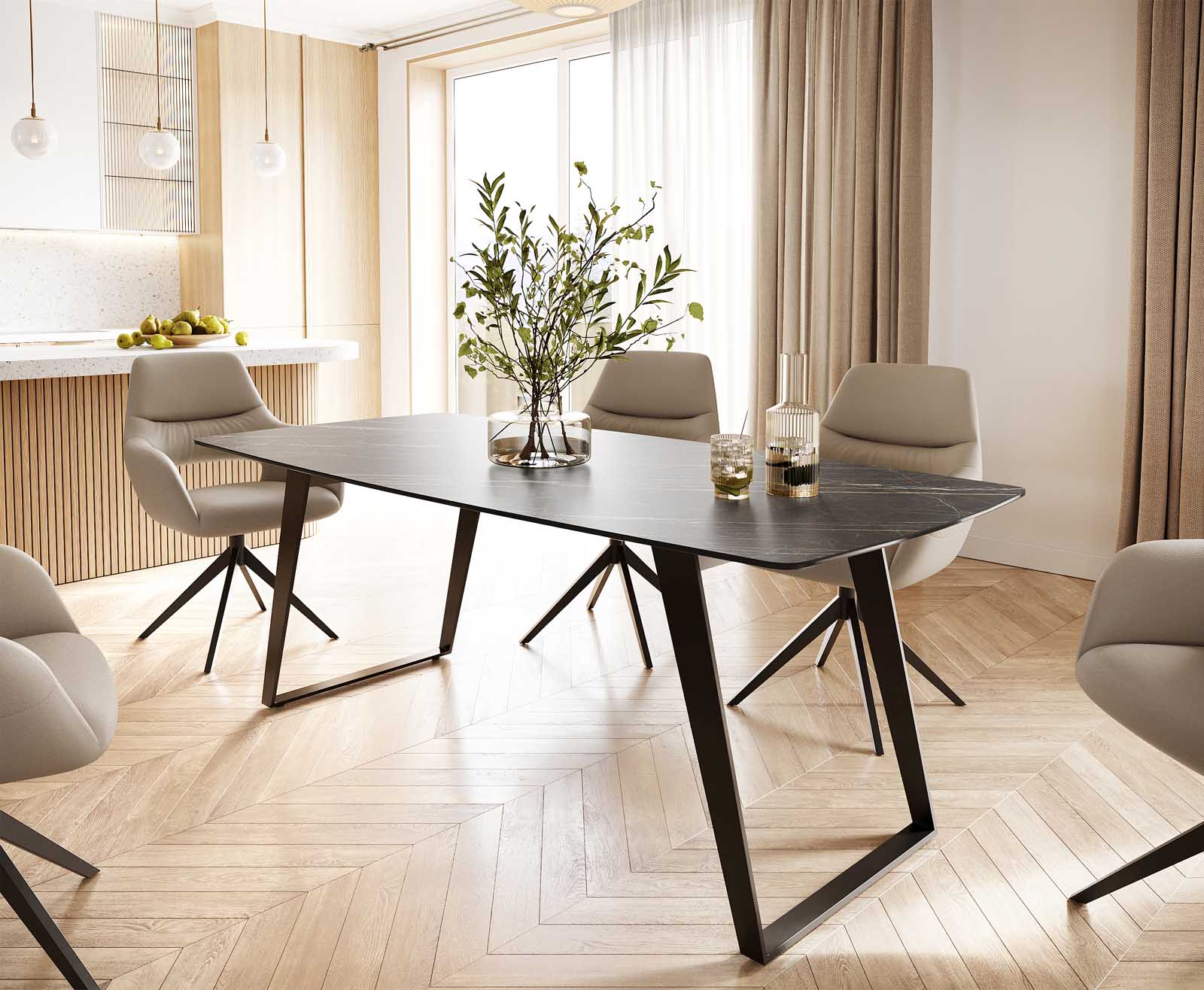 Table-à-manger Edge forme Boot 200x100 céramique Laminam® noir desir brun métal oblique noir Table-à-manger Edge forme Boot 200x100 céramique Laminam® noir desir brun métal oblique noir