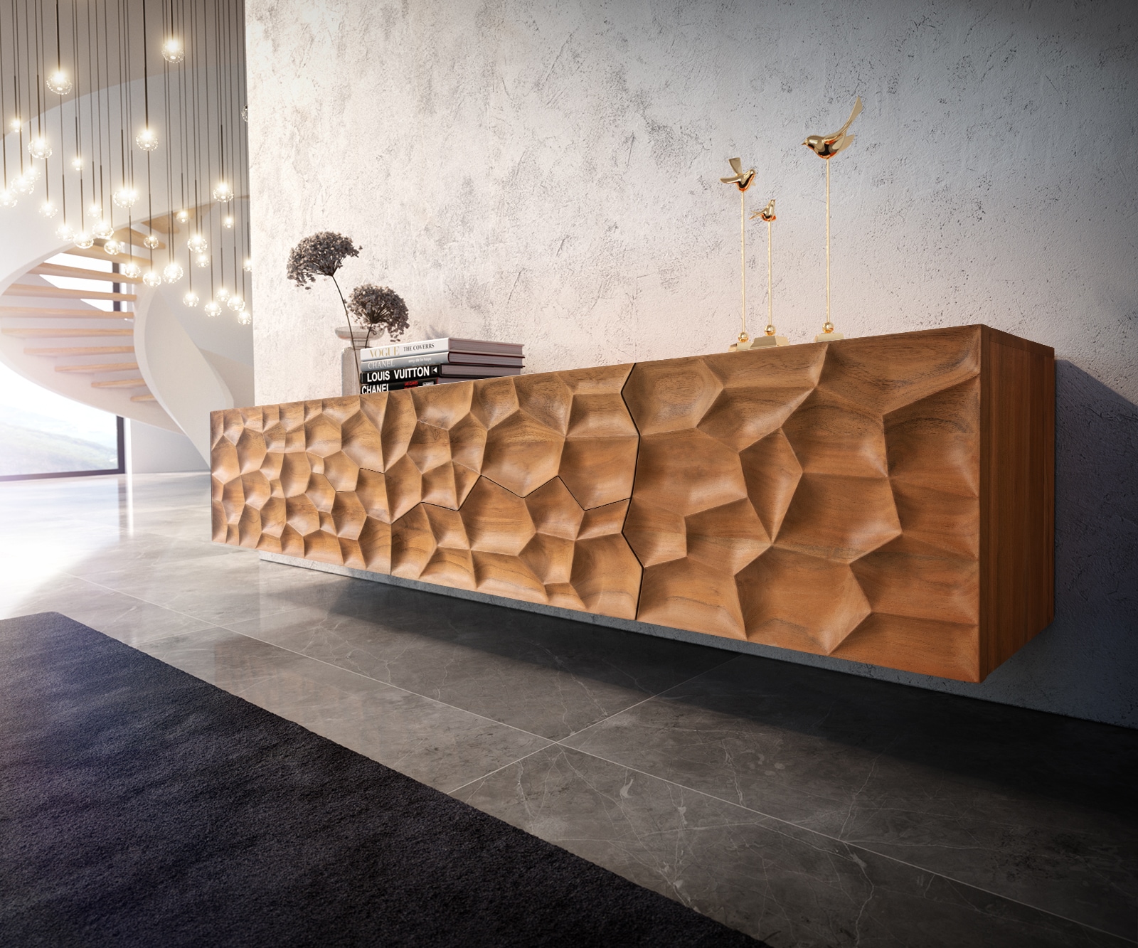 Lowboard Solu 220 cm Akazie Natur 2 Türen 4 Schübe schwebend 3D-Front Lowboard Solu 220 cm Akazie Natur 2 Türen 4 Schübe schwebend 3D-Front