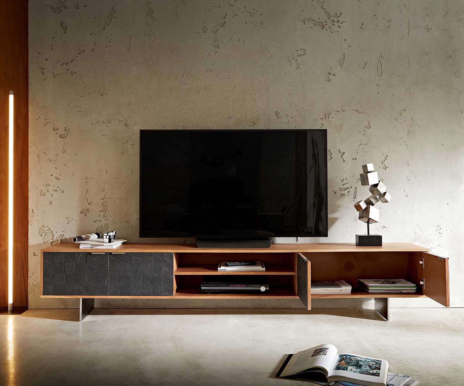 Meuble-TV Teele 240 cm acacia naturel ardoise 4 portes pied flottant inoxydable 5