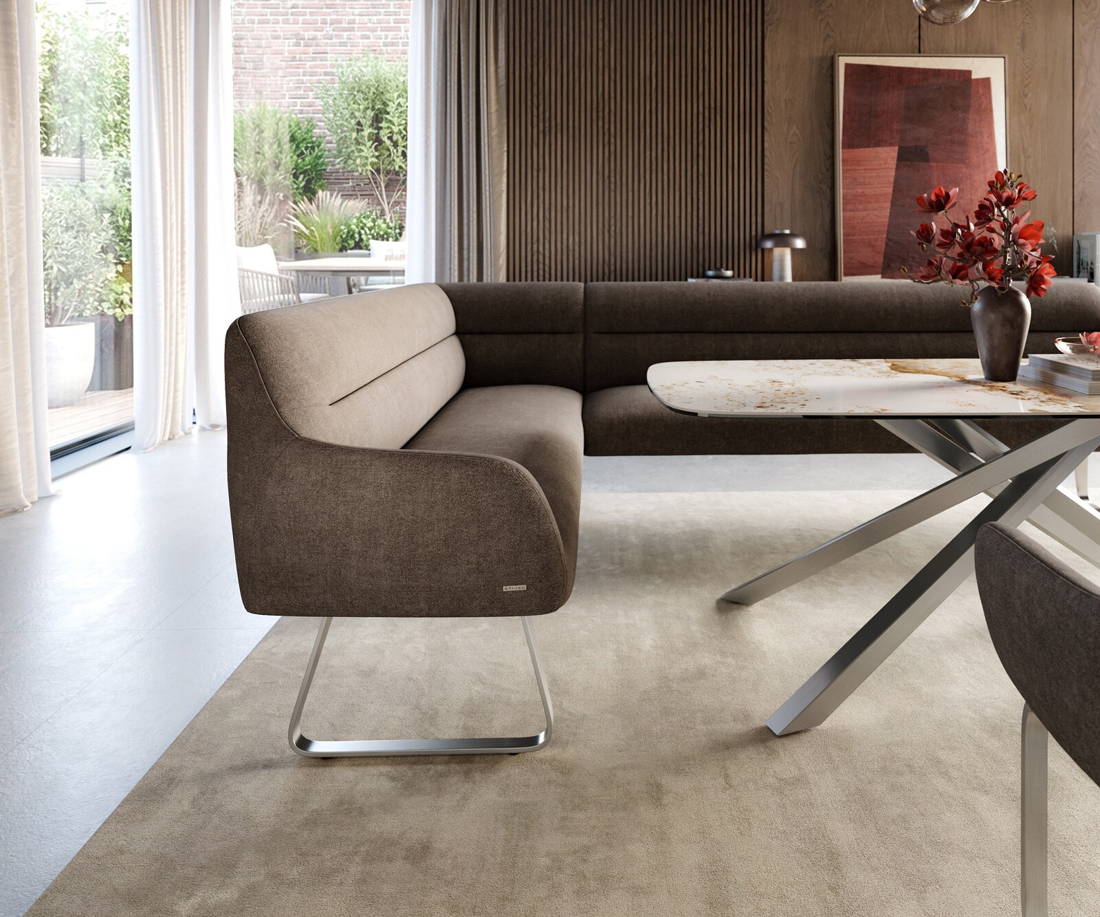 Banc-de-salle-à-manger Taya-Flex 285x190 cm tissu structuré doux taupe châssis à patins plat acier inoxydable ressort ensaché liens 5