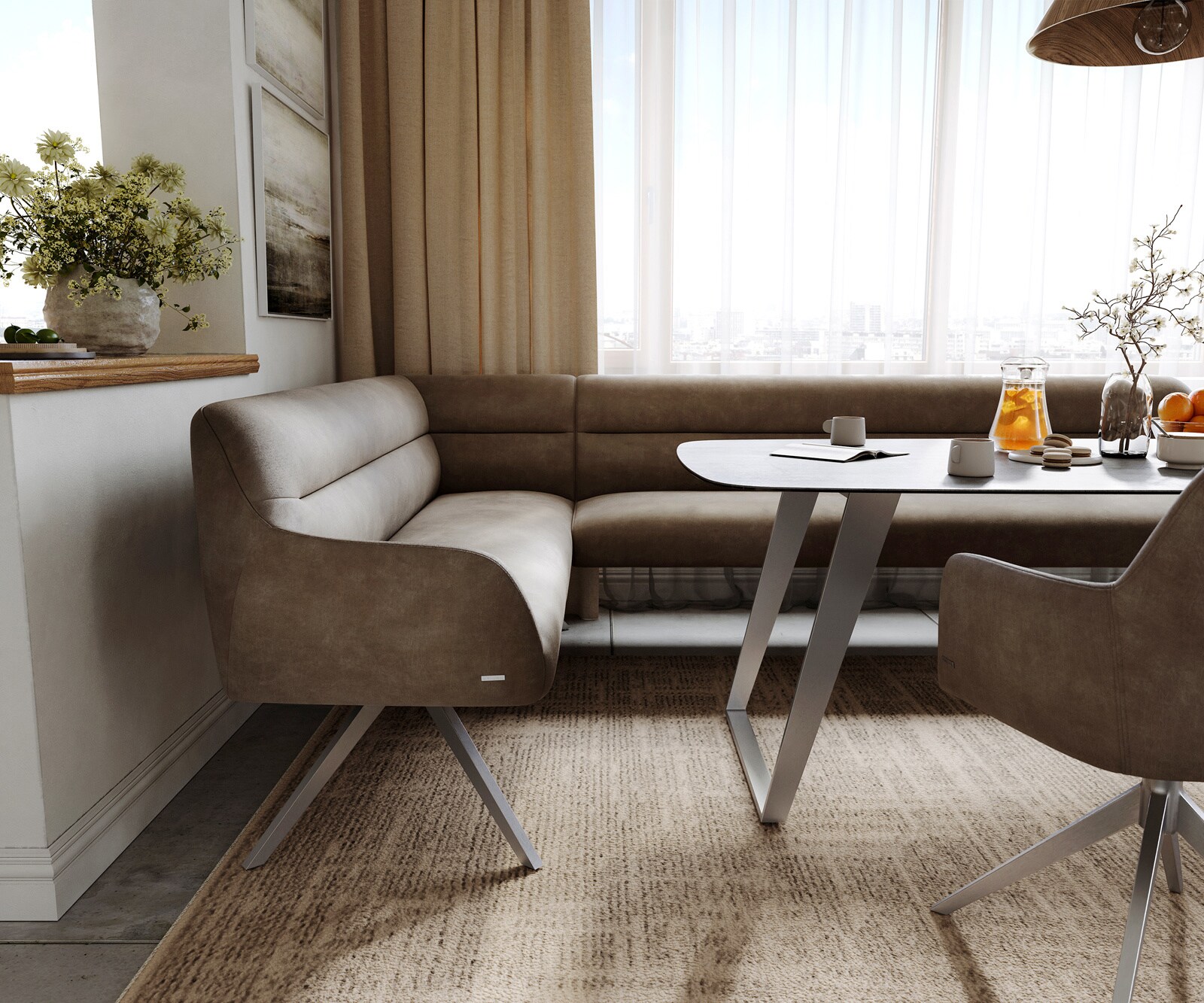 Banc-de-salle-à-manger Taya-Flex 285x190 cm microfibre taupe vintage pied croisé angulaire acier inoxydable ressort ensaché à droite 5