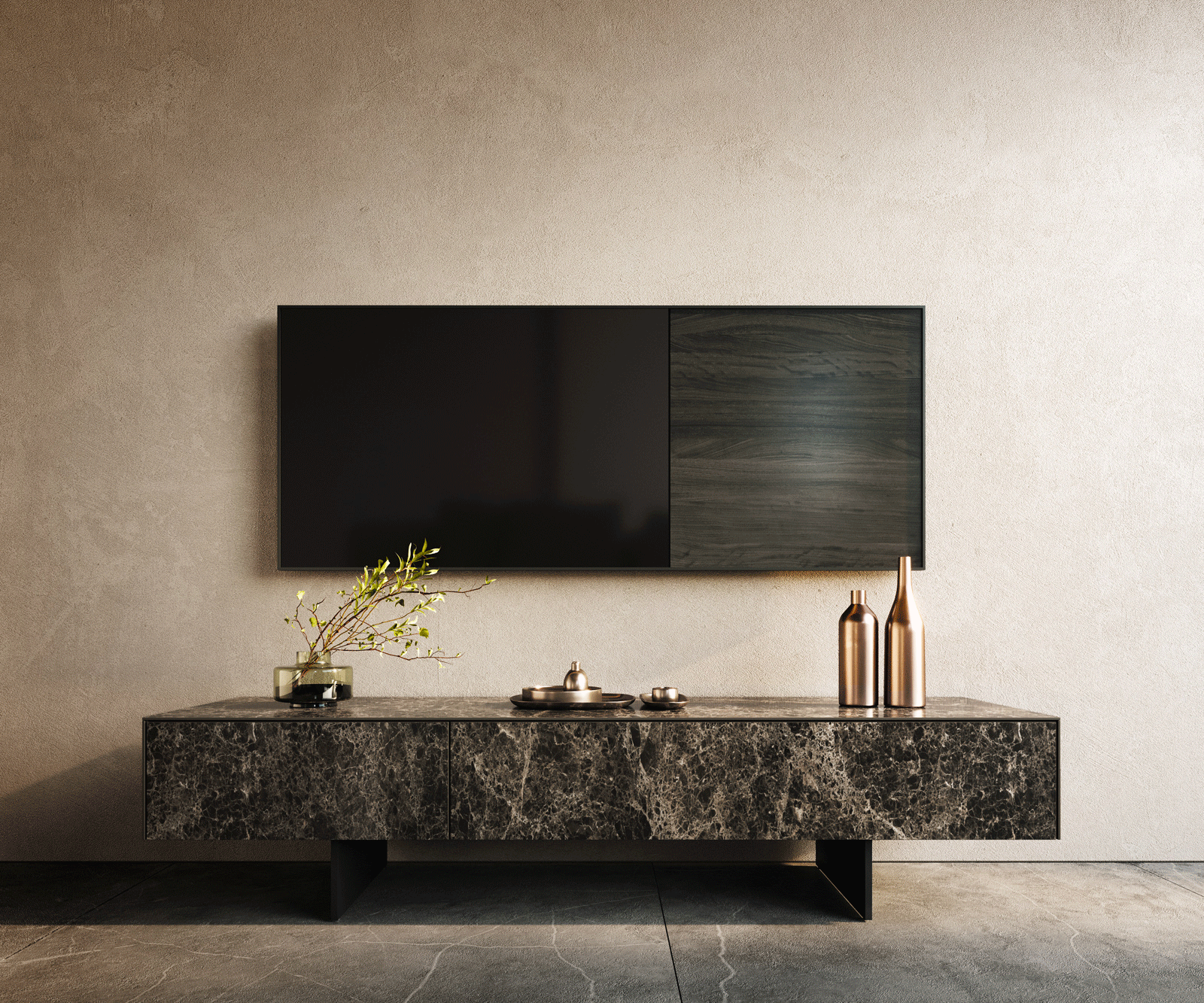 Lowboard Cuor 150 cm Keramik Laminam® Emperador Extra Lucidato Dunkelbraun 1 Klappe 1 Schubfach Fuß Schwebeoptik Metall Schwarz 1