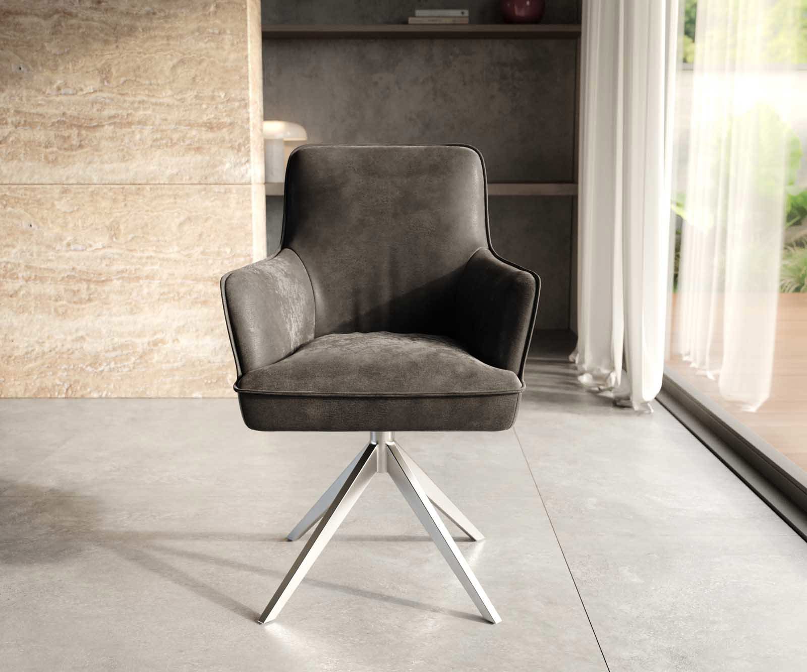 Chaise-pivotante Heira-Flex avec accoudoirs microvelours anthracite vintage pied croisé large acier inoxydable brossé pivotement sur 360° ressorts ensachés 1