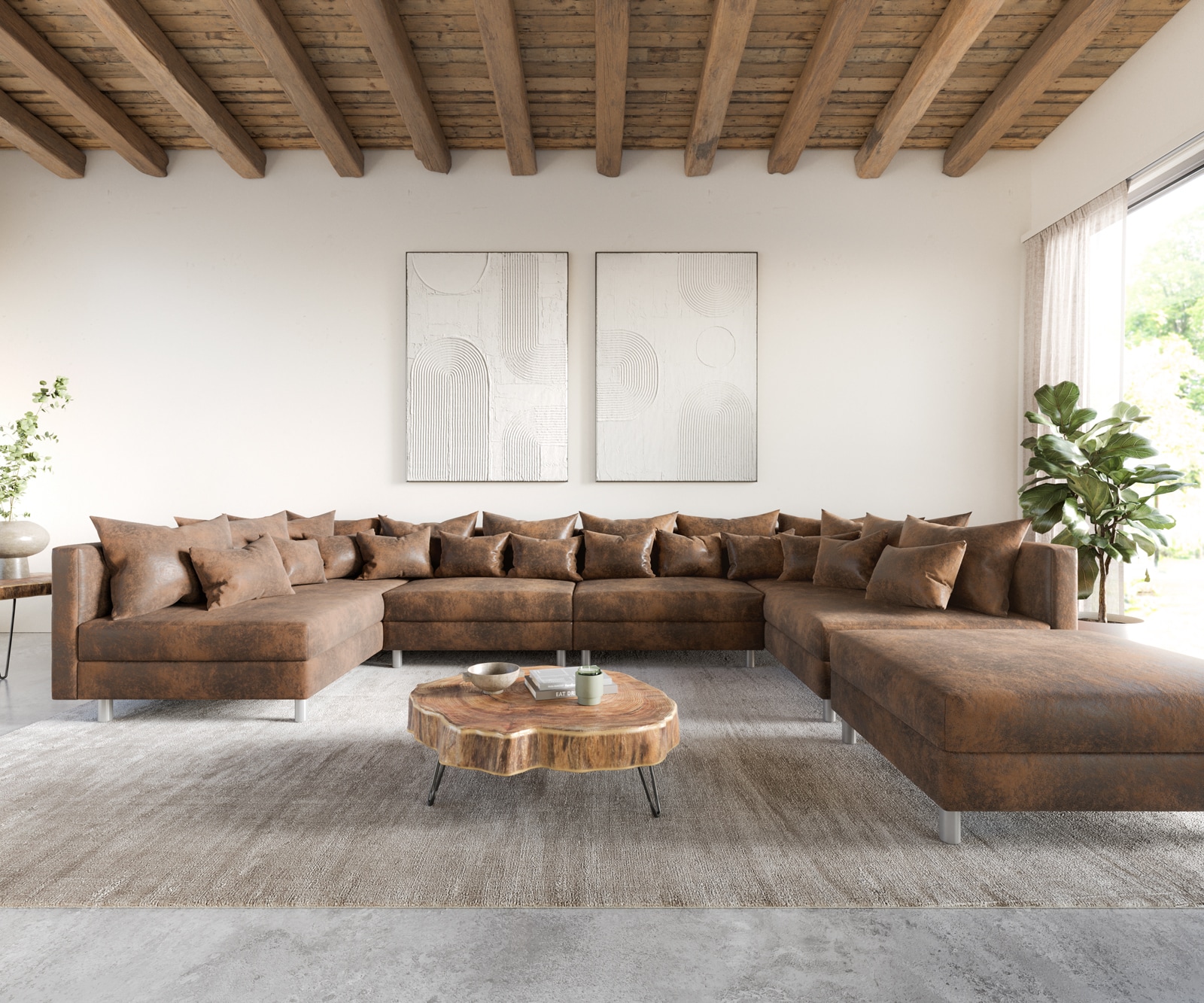 Wohnlandschaft Clovis XL Braun Antik Optik modular Hocker  1 Wohnlandschaft Clovis XL Braun Antik Optik modular Hocker  1