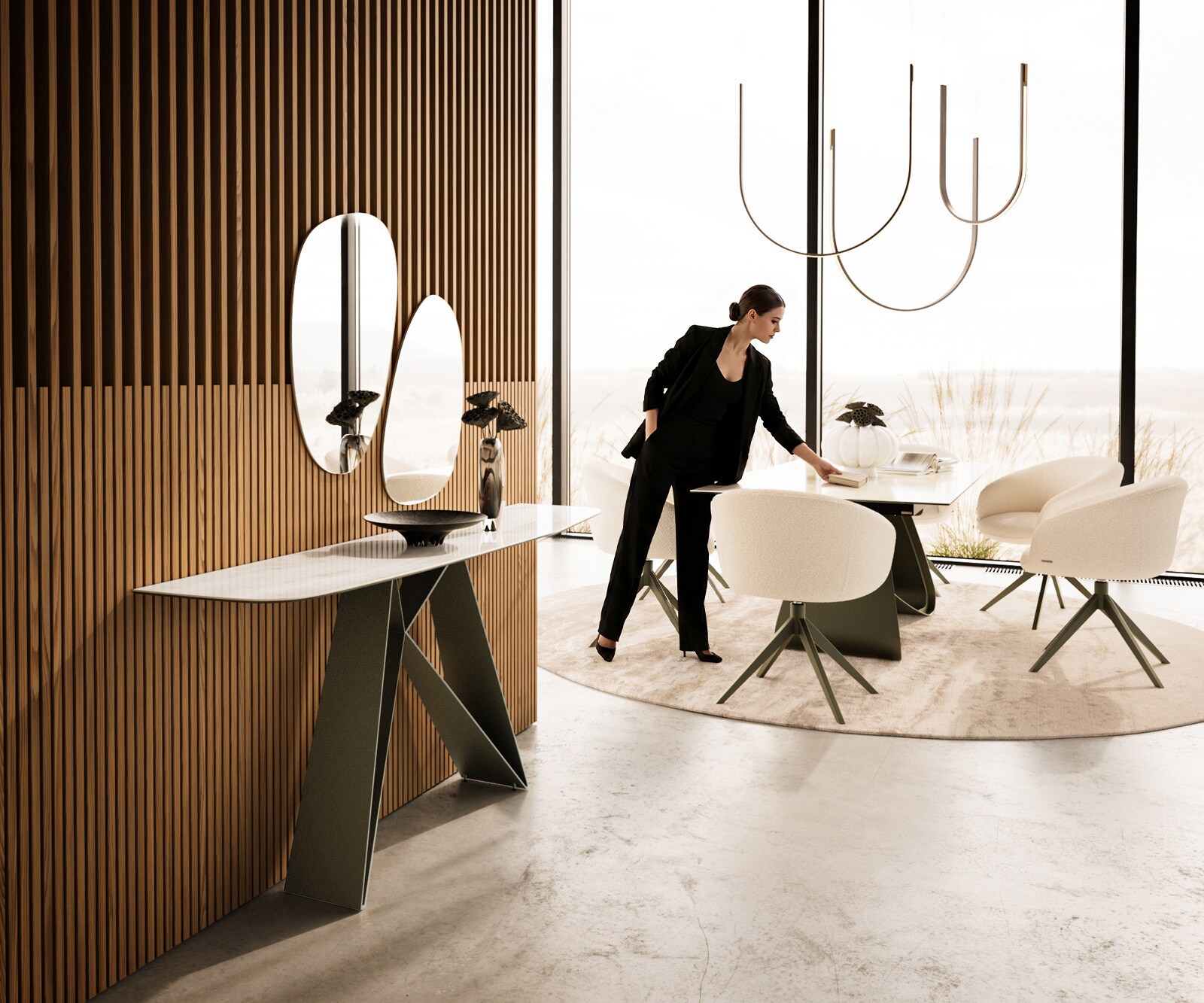 Console Edge forme bateau 180x40 cm Céramique Onyx Champagne Velio Métal Effektfinish Titan 6