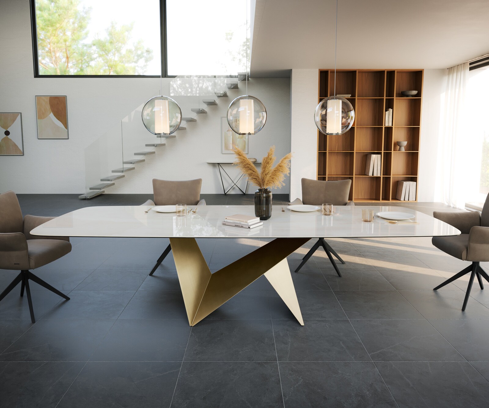 Table à manger Edge Boot 300x120 cm Céramique Onyx Champagne Origami Métalic Or 2