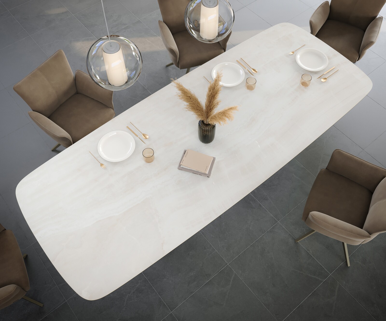 Esstisch Edge Boot 300x120 cm Keramik Onyx Champagne Zenthara Metall Effektfinish Titan 4