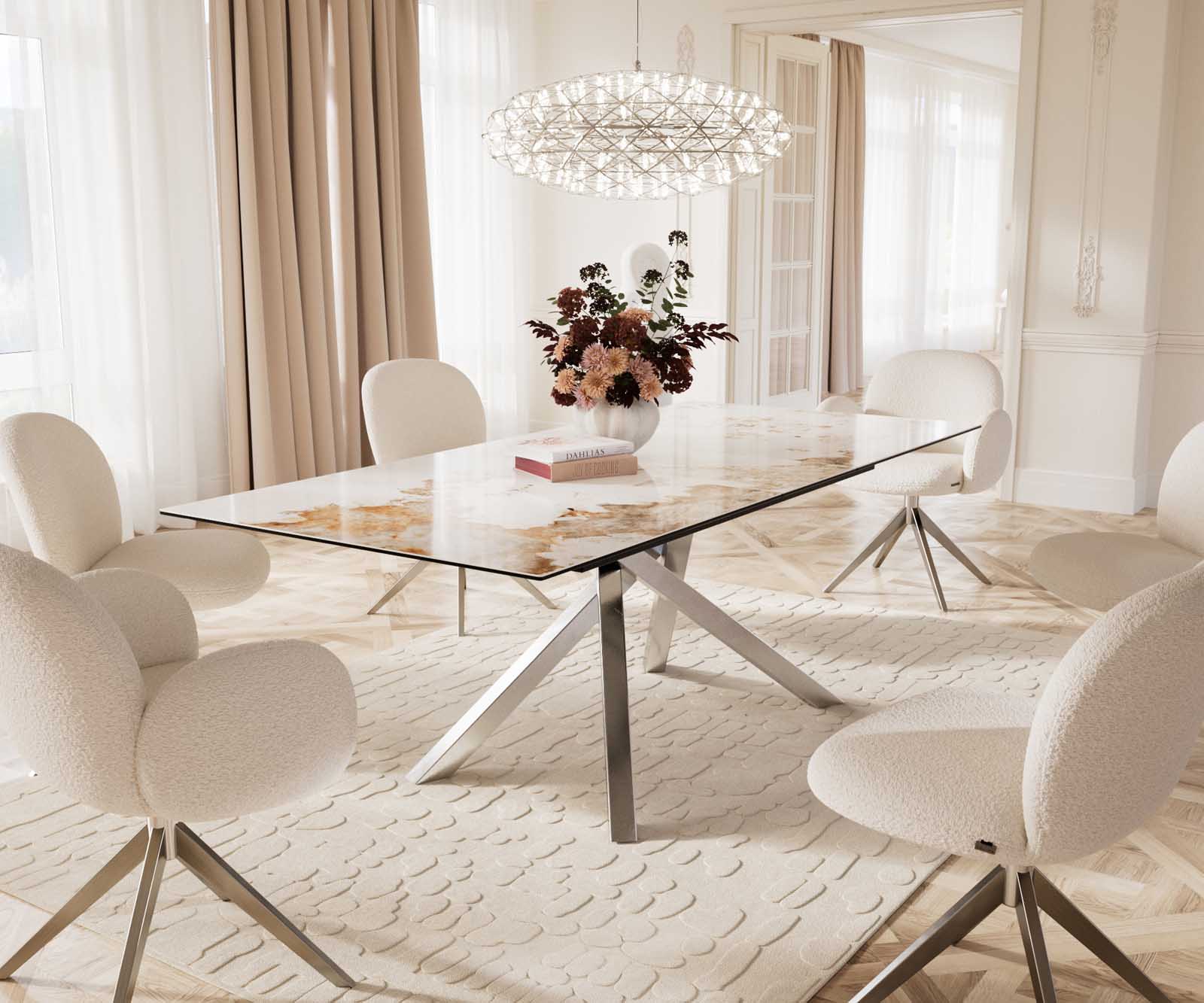 Esstisch Edge 180-220x100 Keramik Minas Melange Weiß-Beige Kreuzgestell Rechteck Edelstahl ausziehbar 9