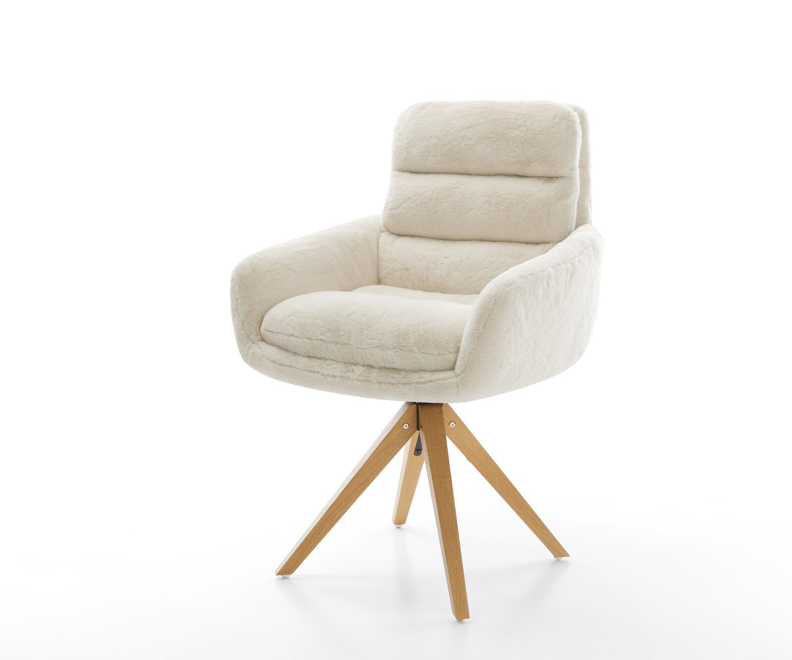 Chaise-pivotante Abelia-Flex avec accoudoirs peluche crème-blanc pied en bois angulaire naturel pivotement sur 180° 1