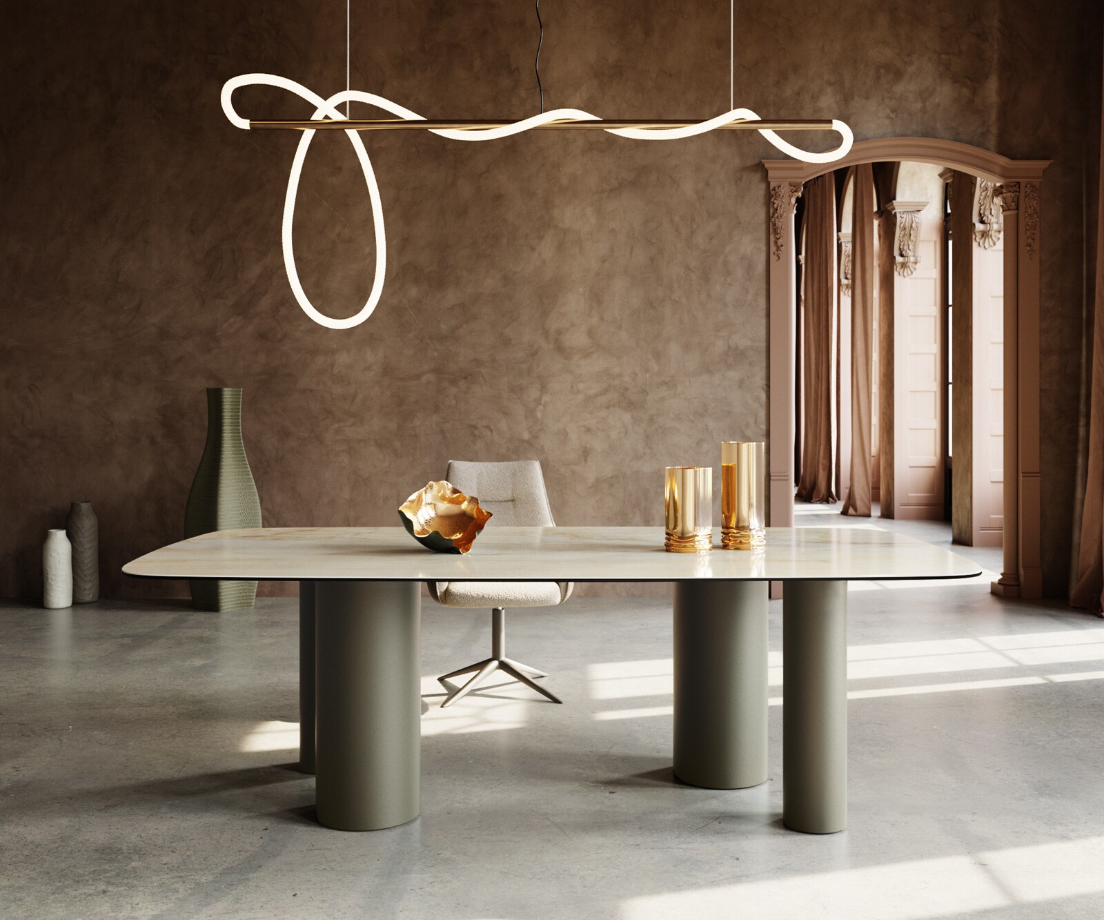 Table à manger Edge Boot 240x120 Céramique Iris FMG Onice Oro Pilier Métal finition à effet Titane 1