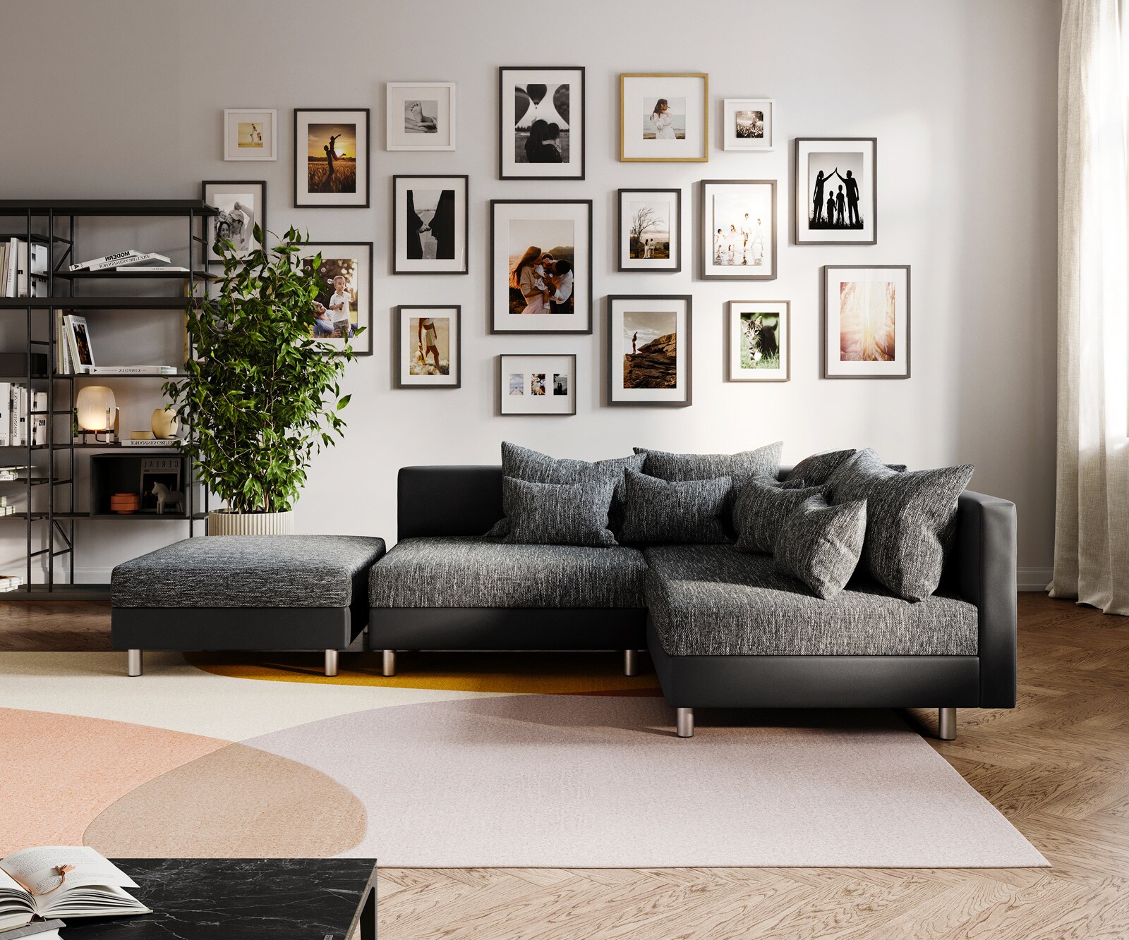 Ecksofa Clovis Schwarz mit Hocker Ottomane Rechts Modular 1