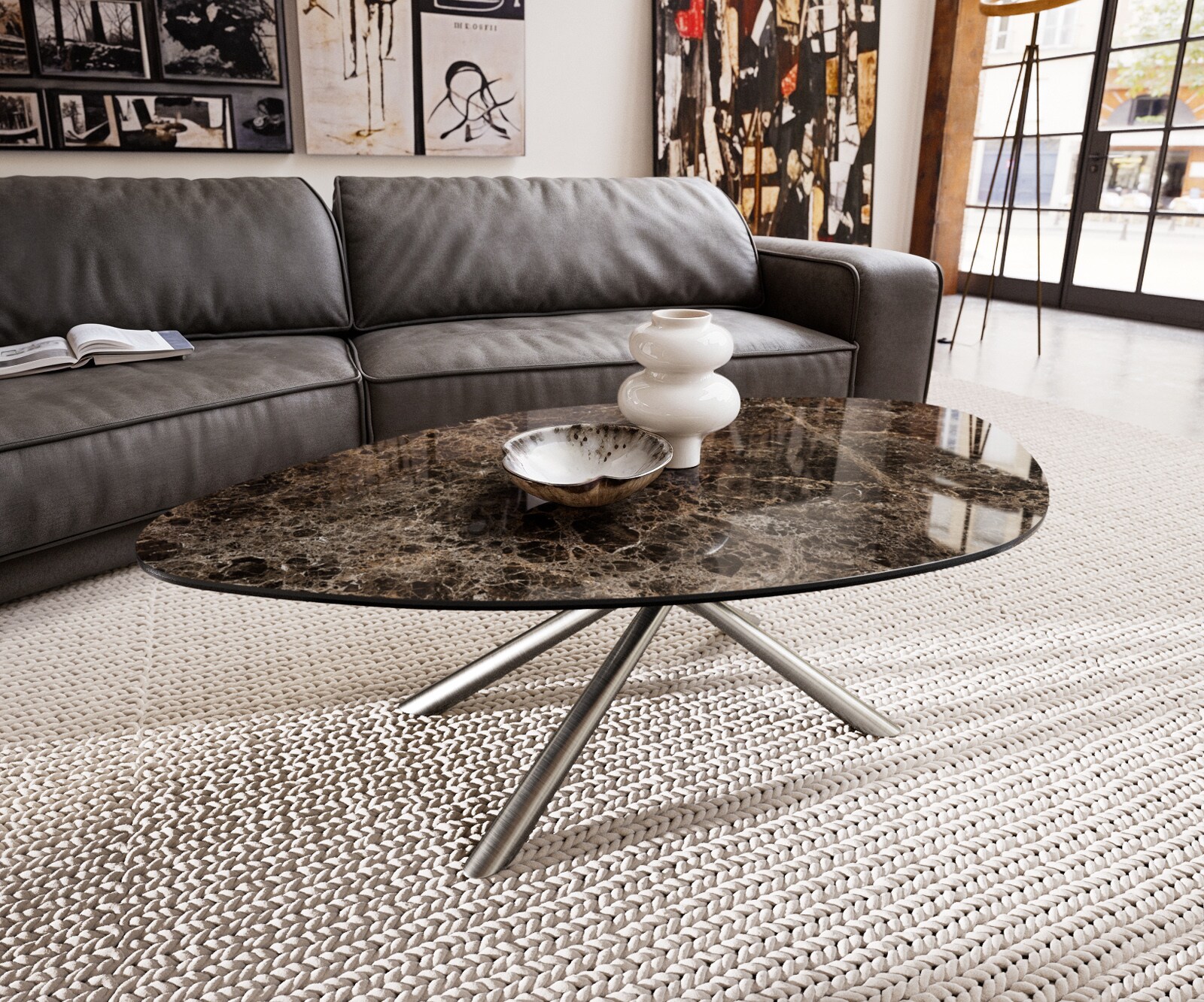 Couchtisch Edge Organisch 140x76 cm Keramik Emperador Extra Lucidato Dunkelbraun Sarity Edelstahl gebürstet 1