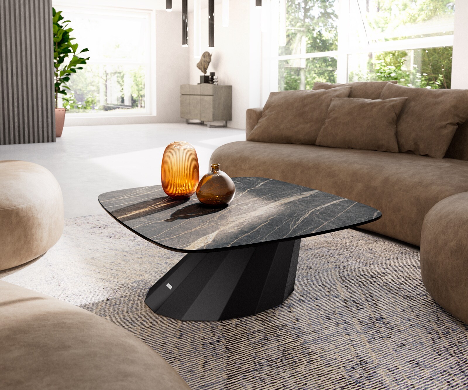 Table basse Edge Boot 90x90 cm céramique Laminam® Noir Desir brun Parabi acier inoxydable brossé 5