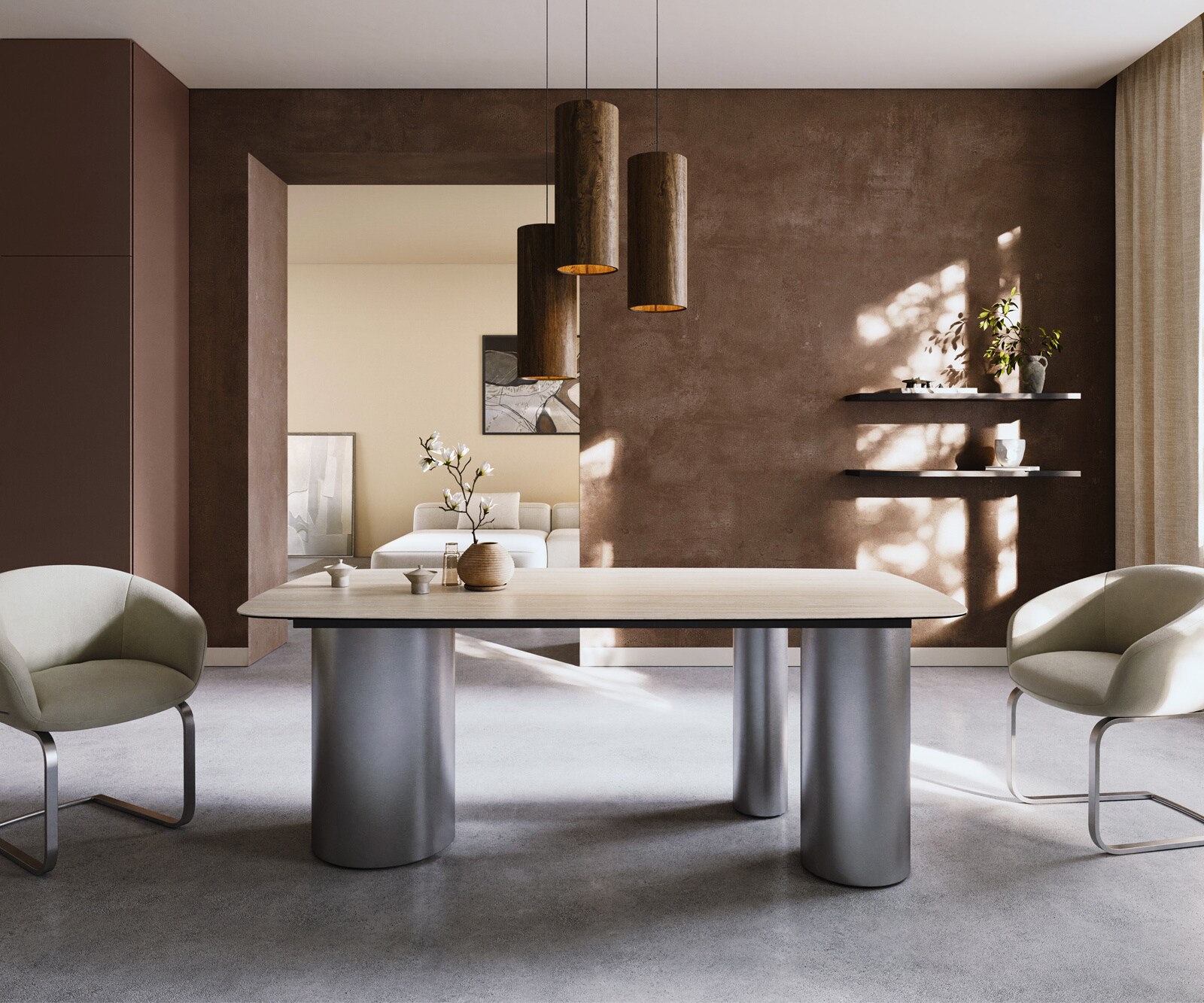 Table à manger Edge Boot 200x100 céramique Laminam® Travertino Bianco crème-blanc Troa acier inoxydable brossé 2