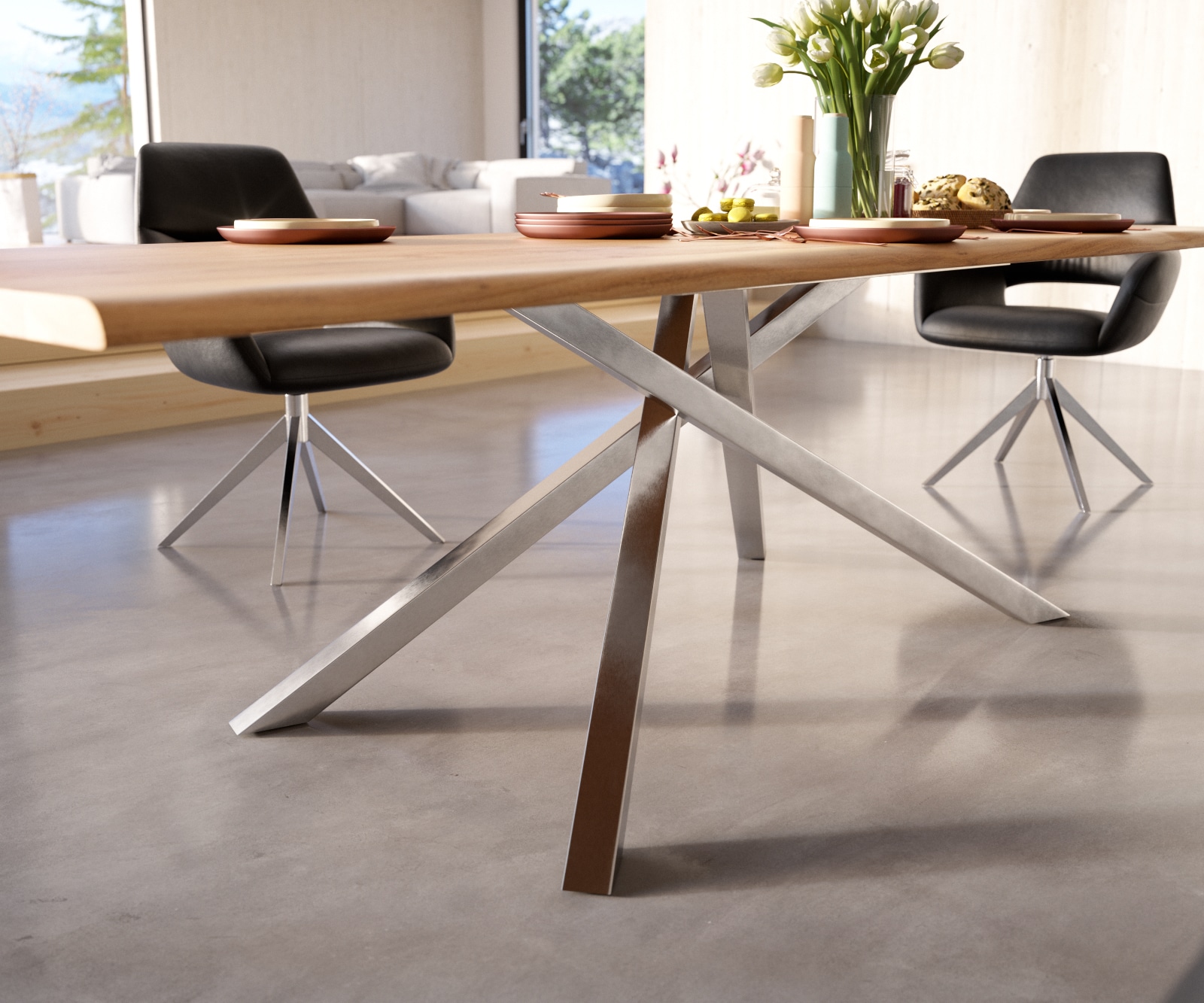 Table à manger Edge 260x100 Acacia Naturel Cadre croisé rectangle Acier inoxydable Live-Edge 4 Table à manger Edge 260x100 Acacia Naturel Cadre croisé rectangle Acier inoxydable Live-Edge 4