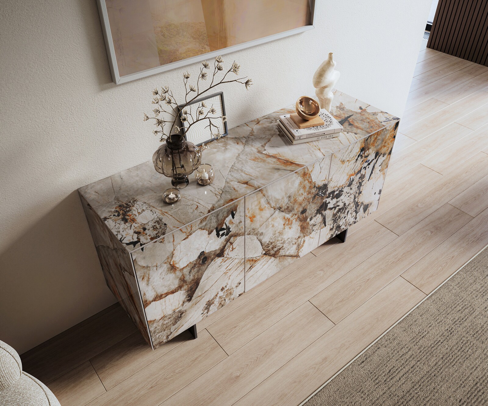 Sideboard Cuor 150 cm Keramik Patagonia Poliert 3 Türen Fuß Schwebeoptik Metall Schwarz 4