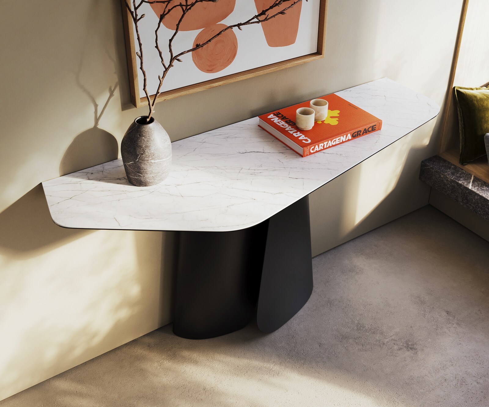 Konsolentisch Edge Polygonal 140x50 cm Keramik Laminam® Statuarietto Weiß Livos Metall Schwarz 1