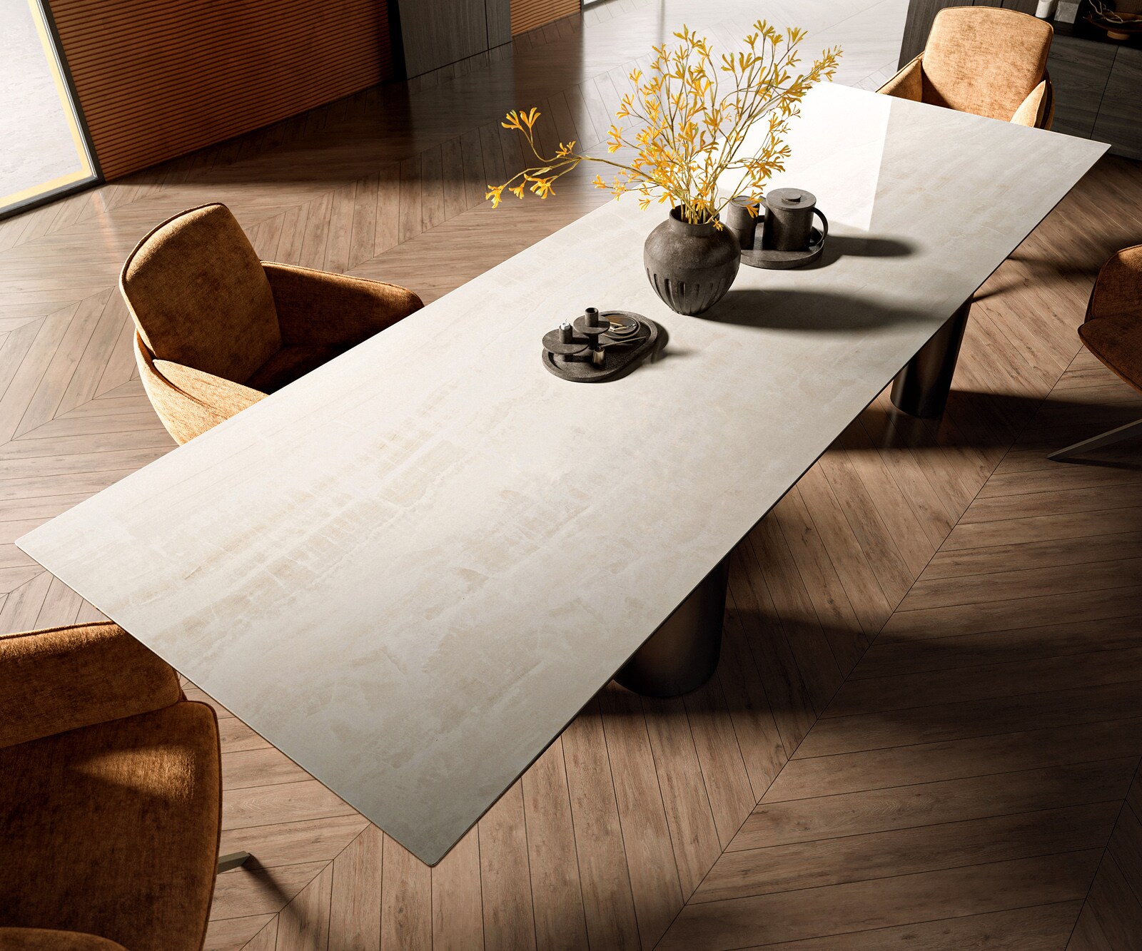 Esstisch Edge 300x100 cm Keramik Onyx Champagne Pilier Edelstahl Graphit 3