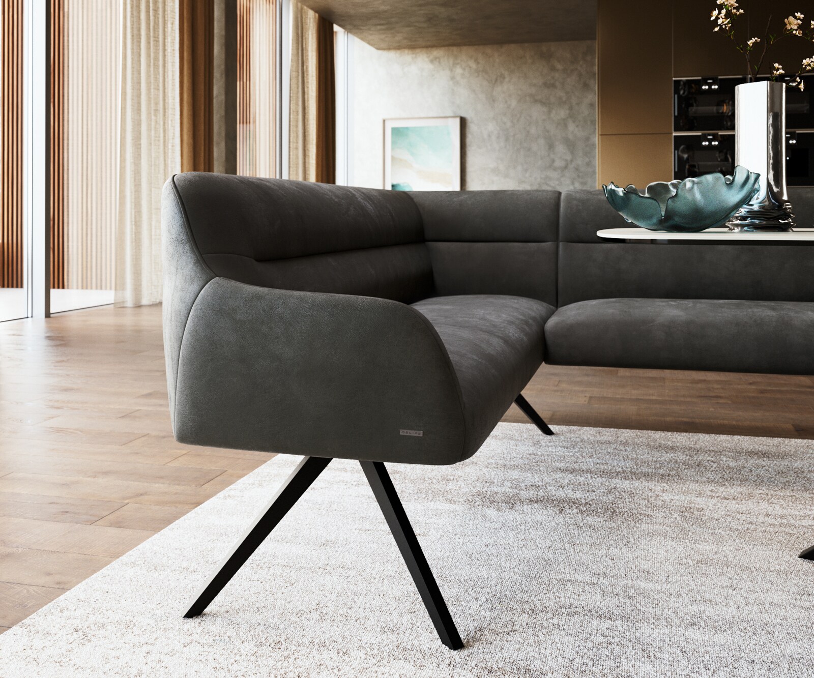 Banc-de-salle-à-manger Taya-Flex 285x190 cm microfibre antracite vintage pied croisé angulaire noir ressort ensaché à droite 5