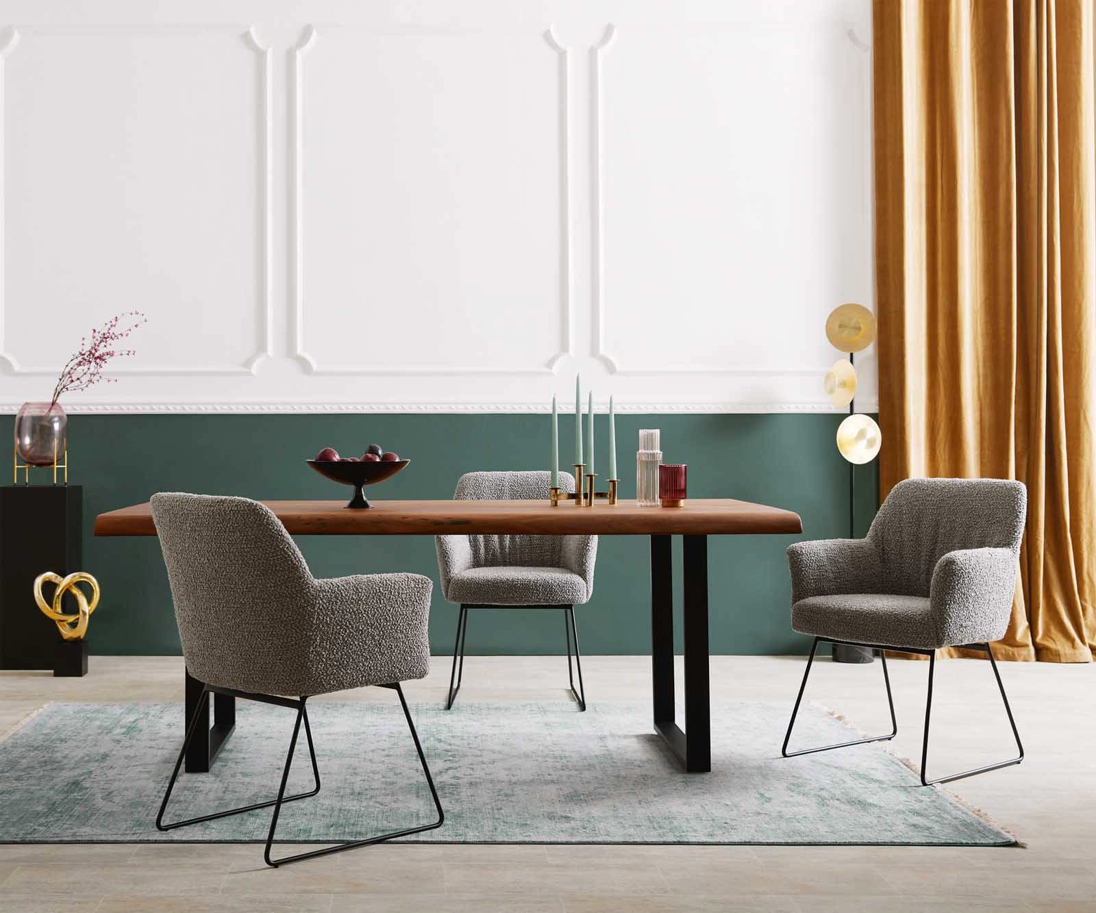 Esszimmerstuhl Xana-Flex mit Armlehnen Bouclé Silbergrau Kufengestell Schwarz Taschenfederkern 6 Esszimmerstuhl Xana-Flex mit Armlehnen Bouclé Silbergrau Kufengestell Schwarz Taschenfederkern 6