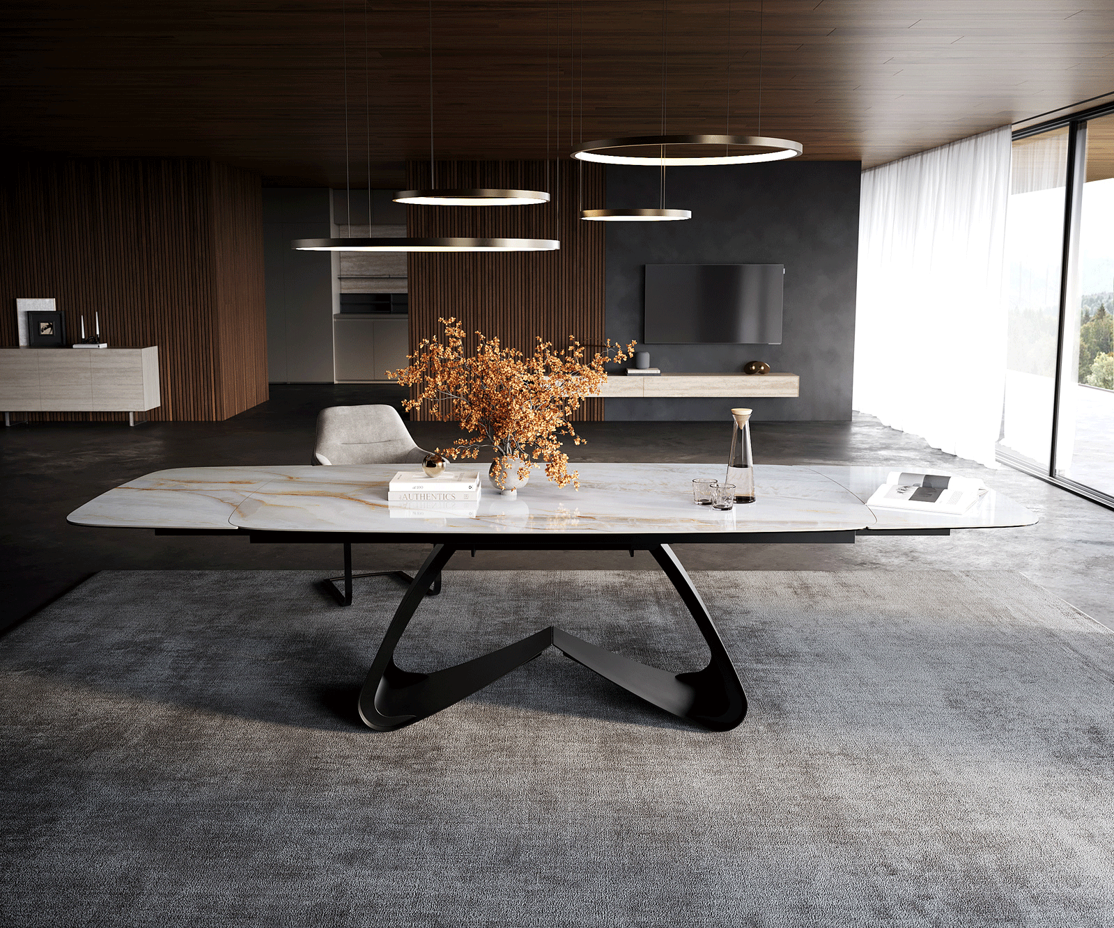 Esstisch Edge Boot 200-300x120 cm Keramik Onyx Pearl W-Gestell Metall Schwarz ausziehbar 1
