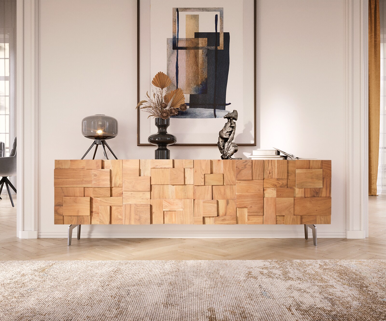 Lowboard Puzzle 175 cm 4 Türen Akazie Natur Winkelfuß Edelstahl 1