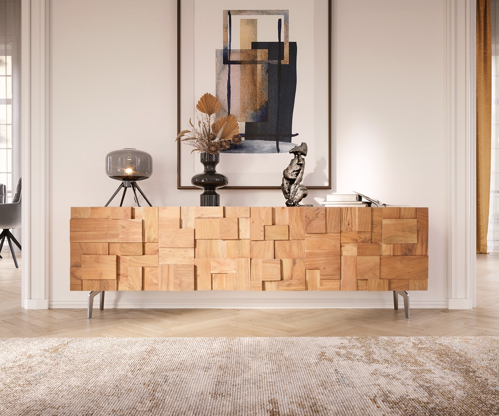 Lowboard Puzzle 175 cm 4 Türen Akazie Natur Winkelfuß Edelstahl 1 Lowboard Puzzle 175 cm 4 Türen Akazie Natur Winkelfuß Edelstahl 1