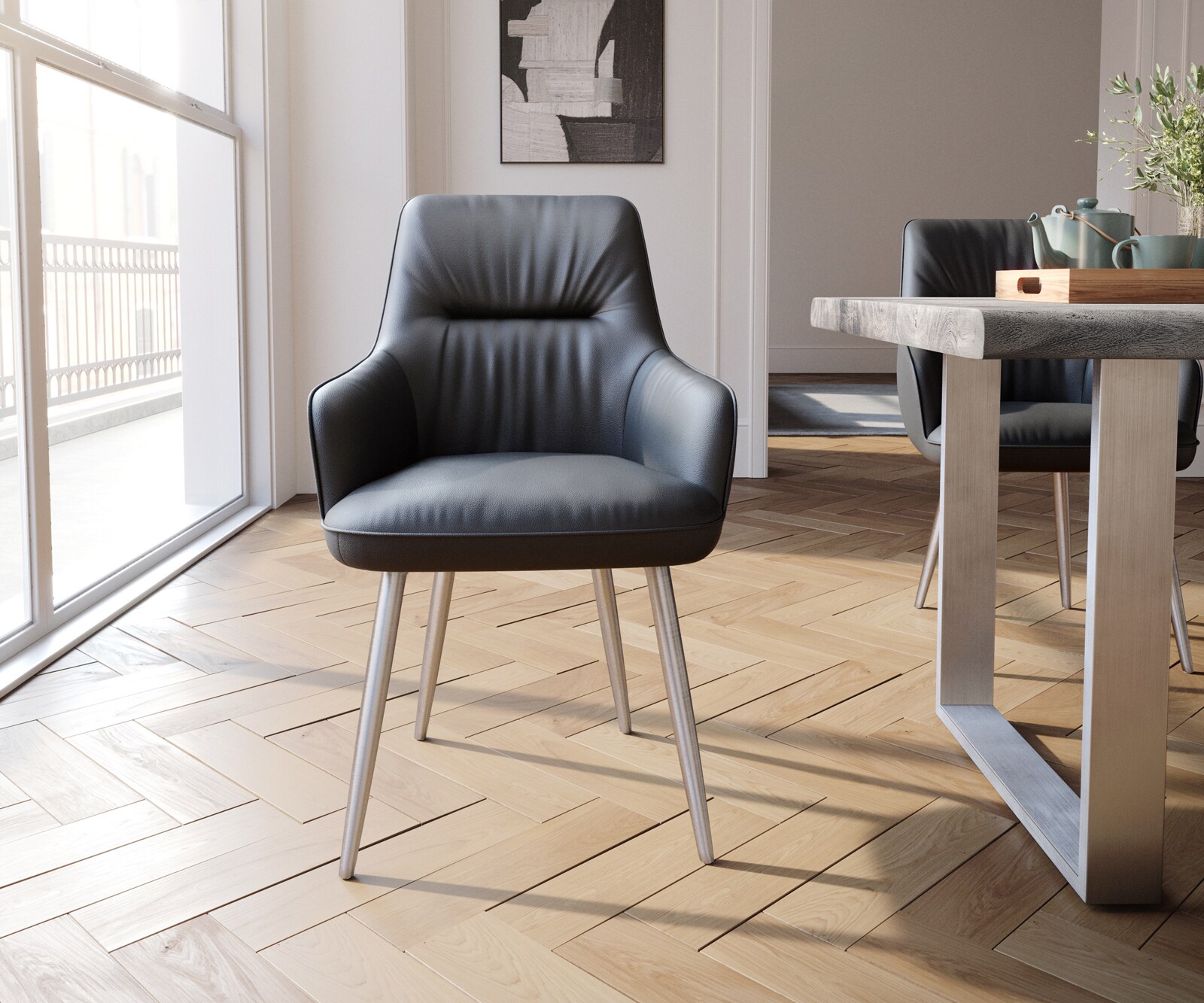Chaise-de-salle-à-manger Zelia-Flex avec accoudoirs cuir de vache noir 4 pieds coniques acier inoxydable brossé ressorts ensachés 1