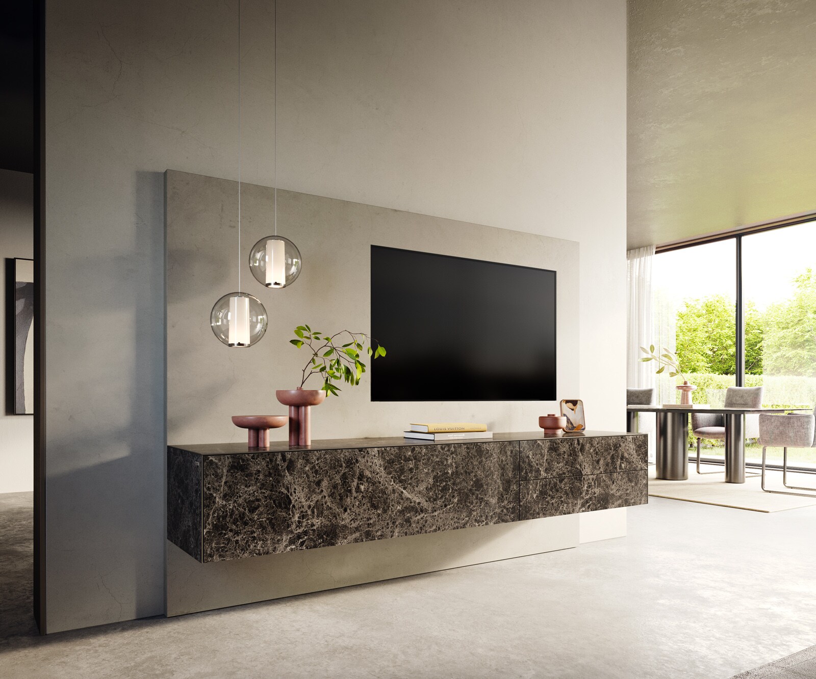 Meuble-TV Cuor 220 cm Céramique Emperador Extra Lucidato brun foncé 1 Clapet 2 Tiroirs Flottant