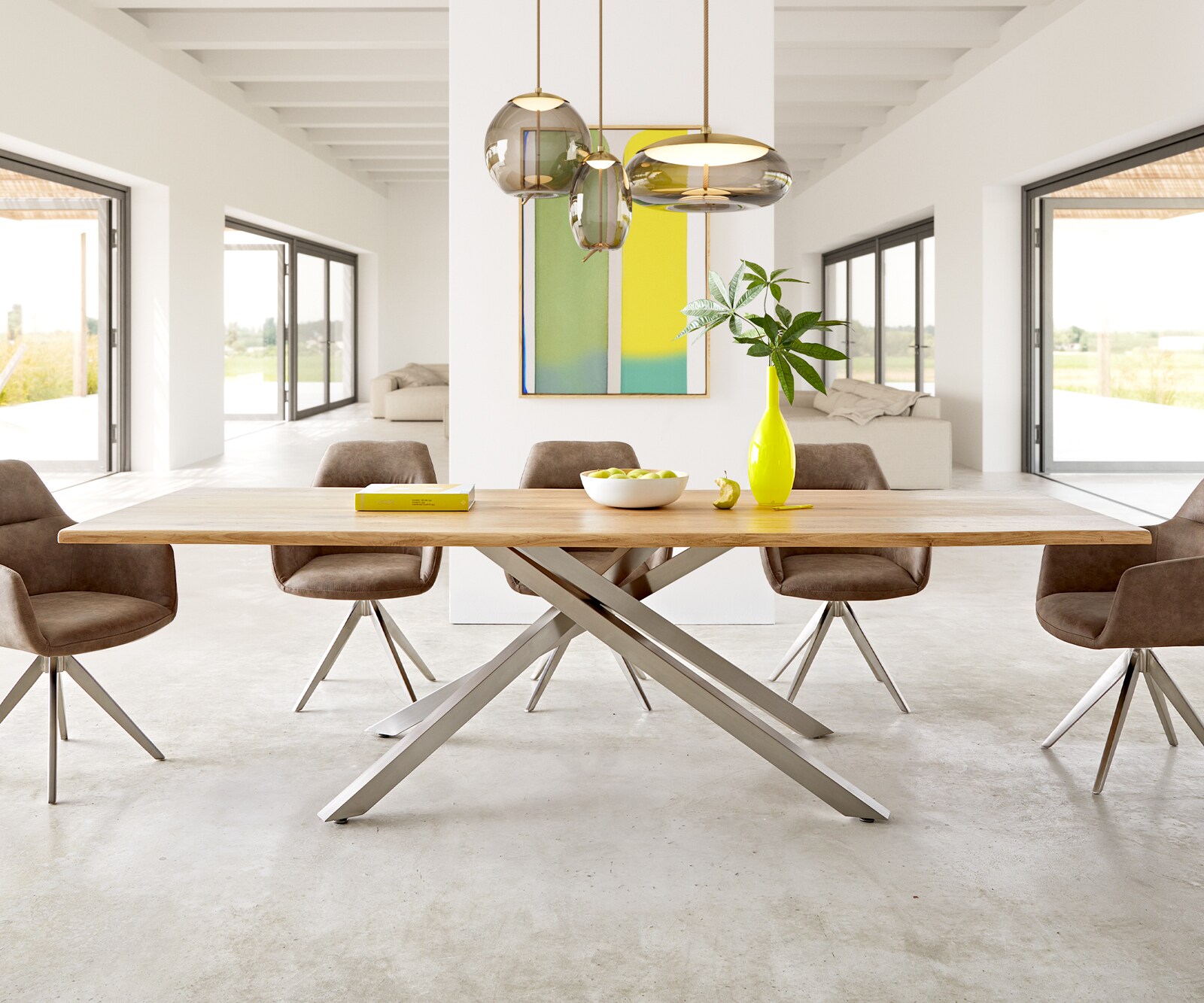 Esstisch Edge 260x100x2,5-3 Eiche Natur Kreuzgestell Rechteck Edelstahl Live-Edge 1 Esstisch Edge 260x100x2,5-3 Eiche Natur Kreuzgestell Rechteck Edelstahl Live-Edge 1