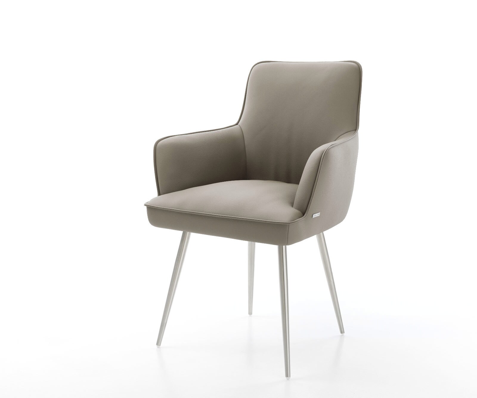 Chaise-de-salle-à-manger Heira-Flex avec accoudoirs cuir de vache couleur boue 4 pieds coniques acier inoxydable brossé ressorts ensachés 1