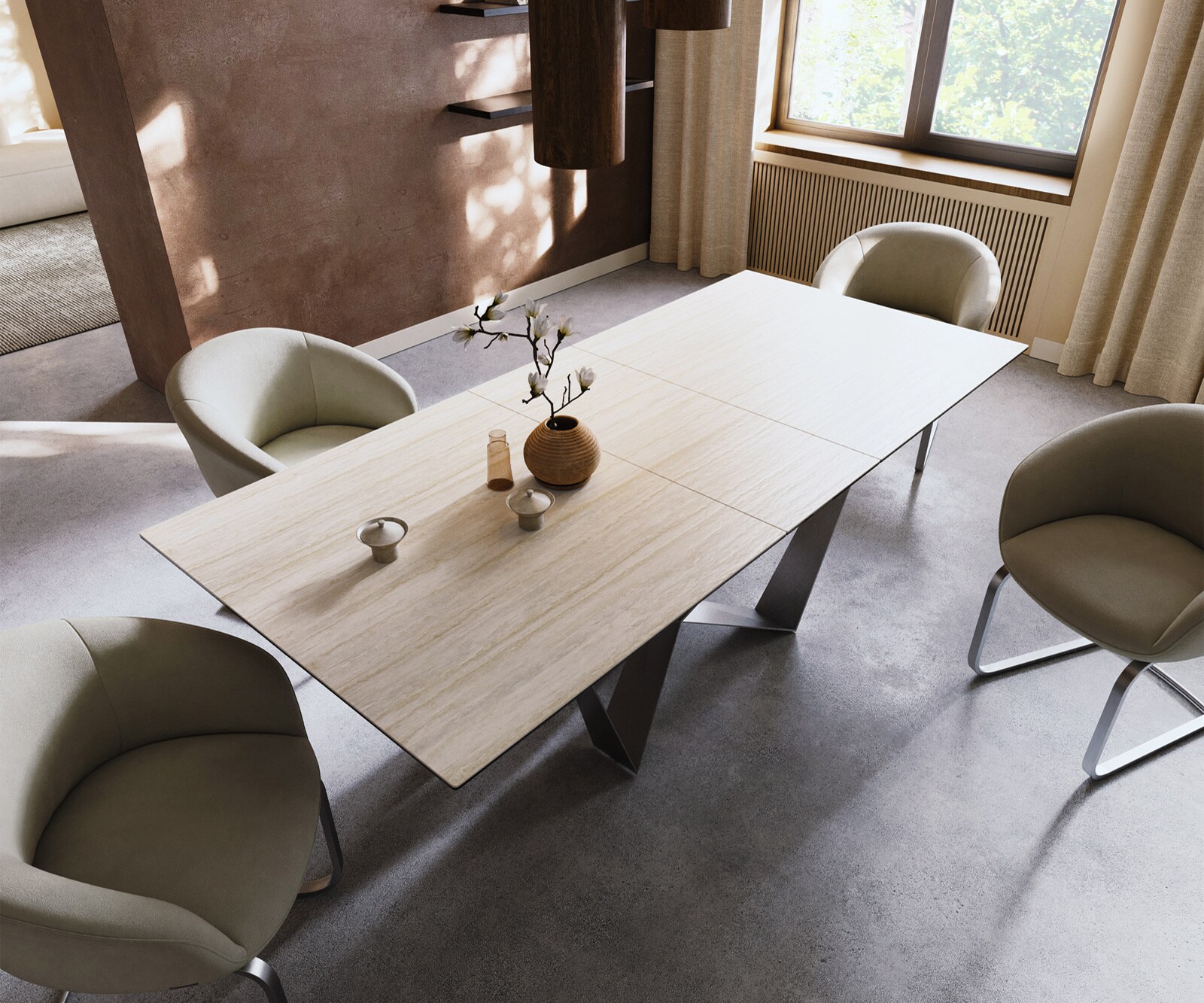 Esstisch Edge 180-220x100 Keramik Laminam® Travertino Bianco Creme-Weiß Spider Flachstahl Edelstahl ausziehbar 3