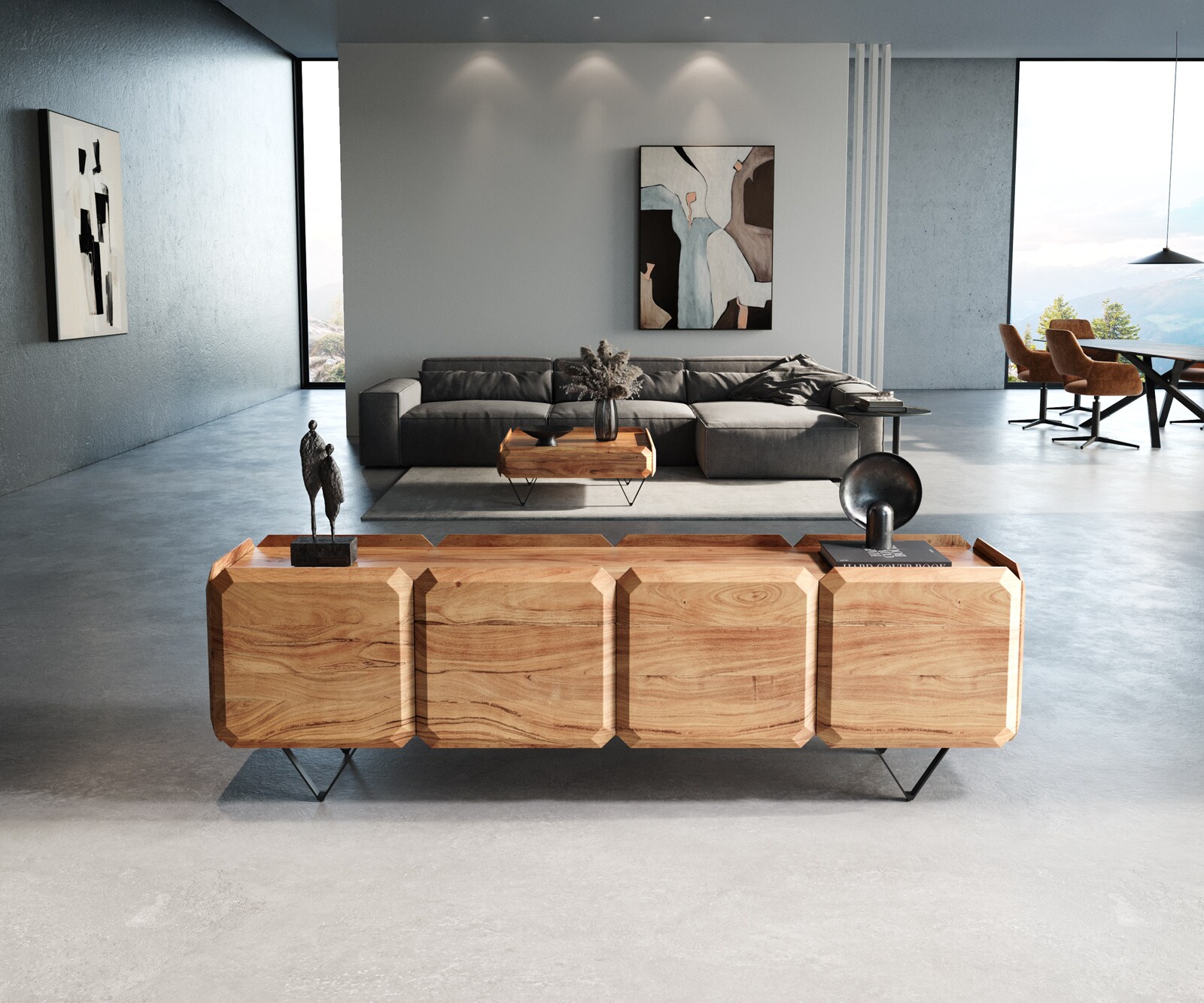 Meuble-bas Kiano 200 cm Acacia Nature 4 Portes Pied en V Noir Séparateur de pièce 1