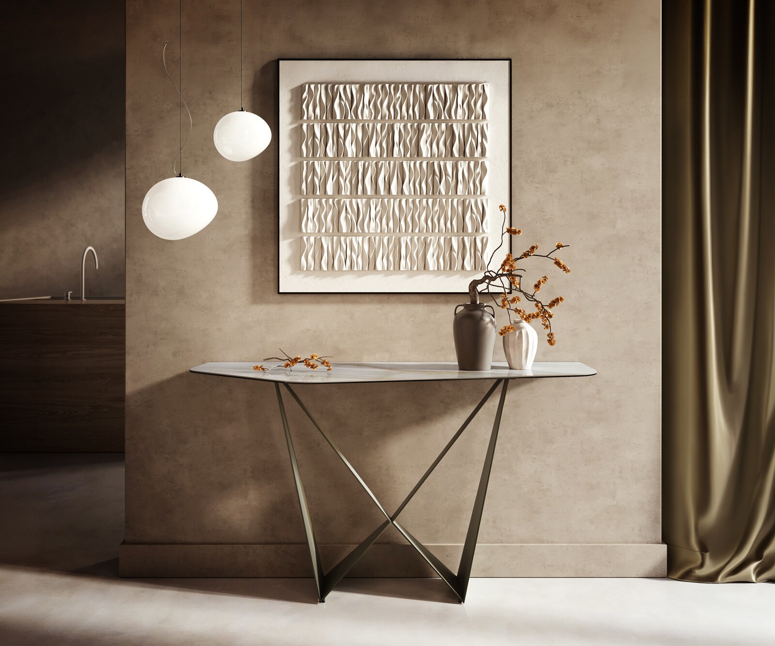 Konsolentisch Edge Polygonal 140x50 cm Keramik Onyx Pearl Spios Metall Effektfinish Titan