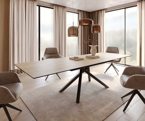 Esstisch Edge 200-300x100 Keramik Laminam® Sabbia Eichefarbig Kreuzgestell Rechteck Schwarz ausziehbar