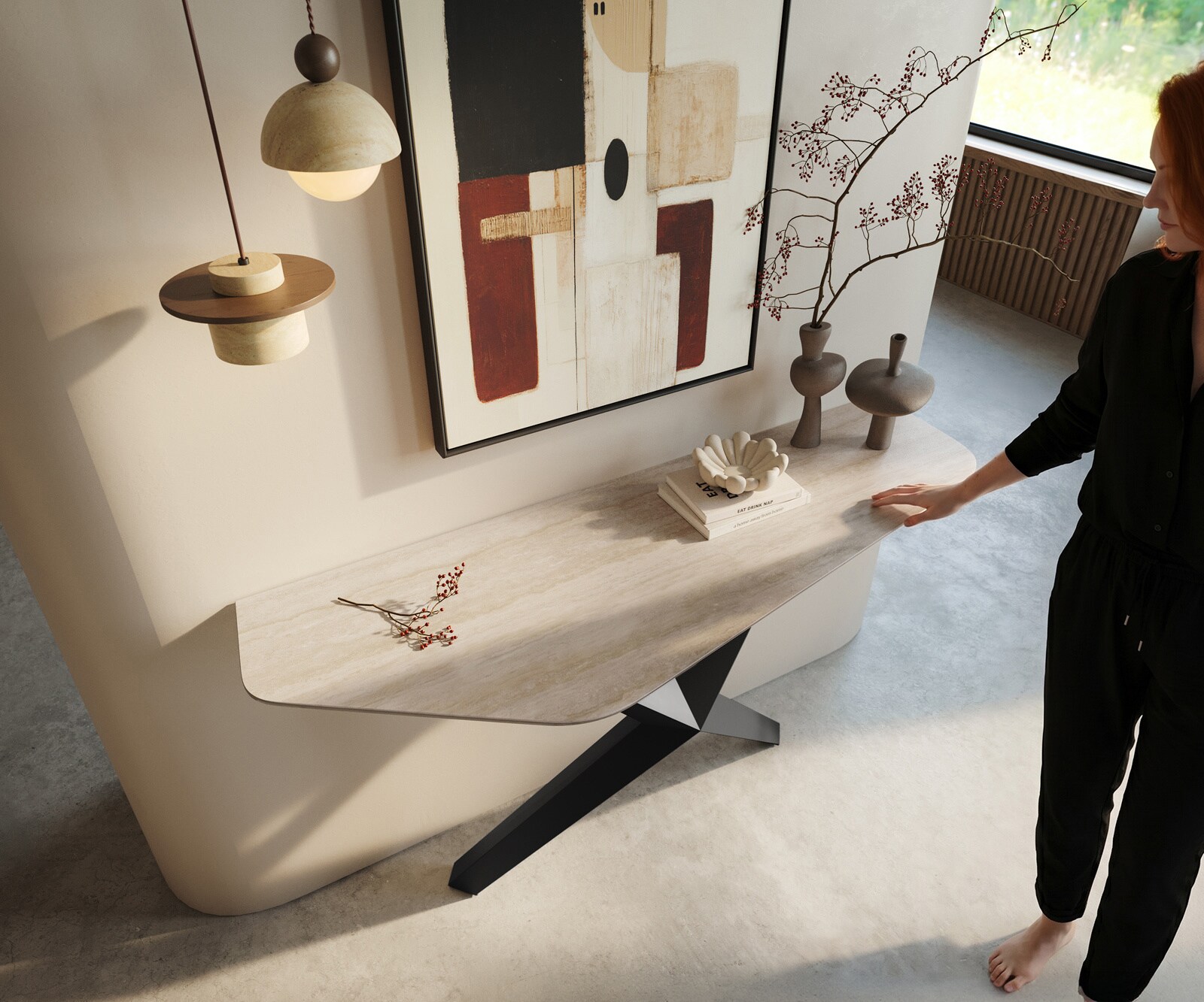 Konsolentisch Edge Polygonal 140x50 cm Keramik Laminam® Travertino Bianco Creme-Weiß Zentharo Metall Schwarz 2