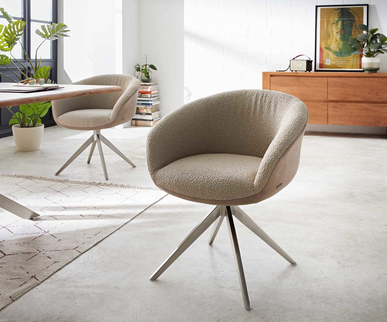 Drehstuhl Vinka-Flex mit Armlehnen Materialmix Schlamm Kreuzgestell breit Edelstahl 360° drehbar Taschenfederkern Drehstuhl Vinka-Flex mit Armlehnen Materialmix Schlamm Kreuzgestell breit Edelstahl 360° drehbar Taschenfederkern