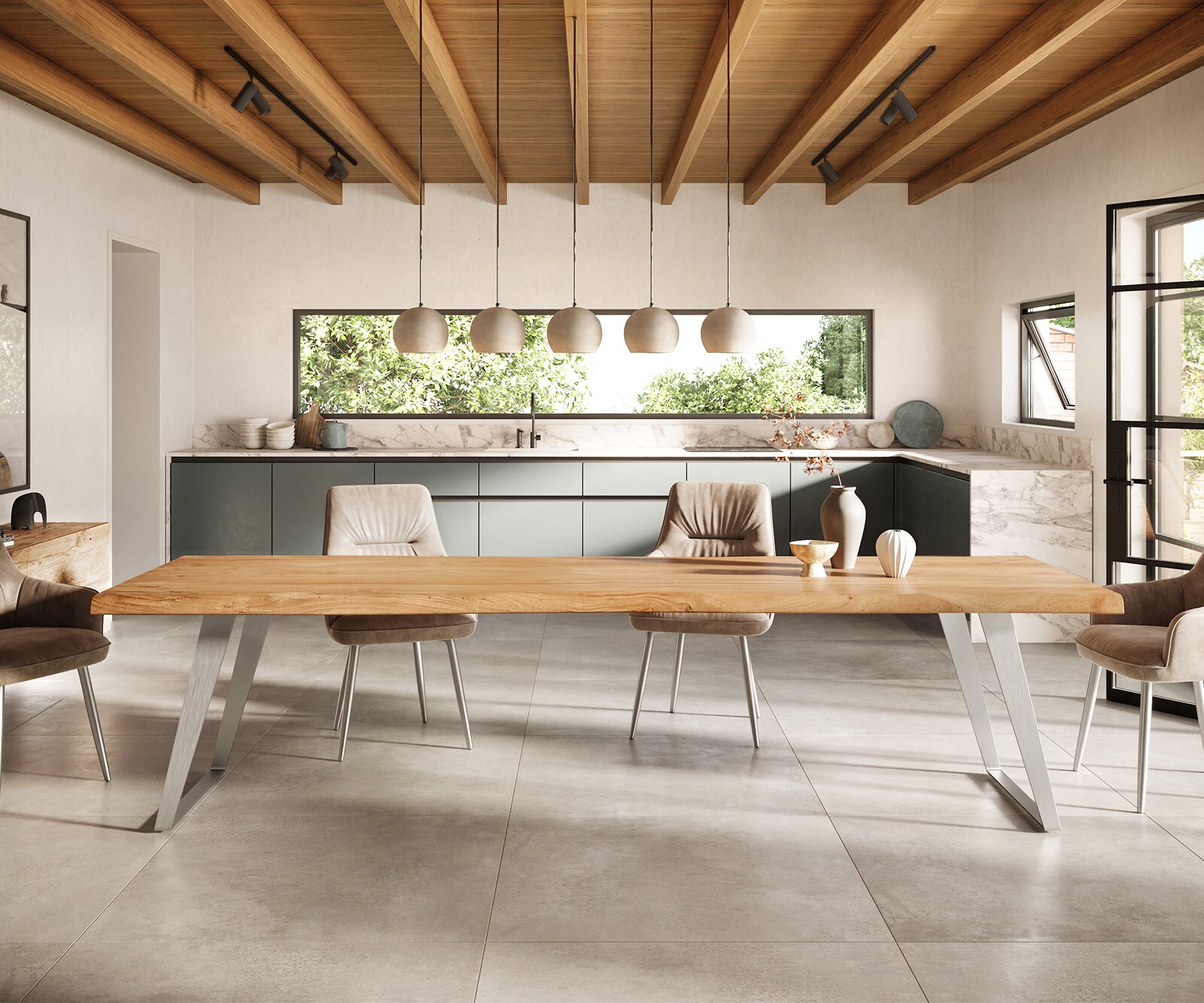 Table-à-manger Edge 300x100cm XL acacia nature acier inoxydable argent incliné Live-Edge 1