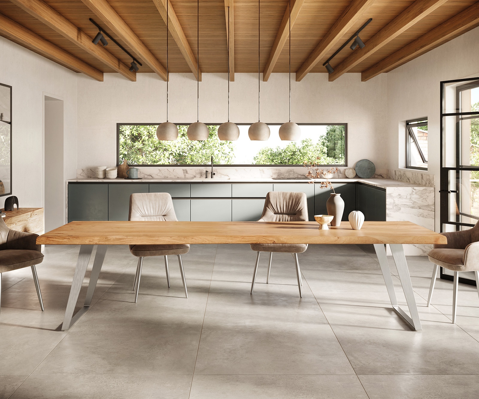 Table-à-manger Edge 300x100cm XL acacia nature acier inoxydable argent incliné Live-Edge 1 Table-à-manger Edge 300x100cm XL acacia nature acier inoxydable argent incliné Live-Edge 1