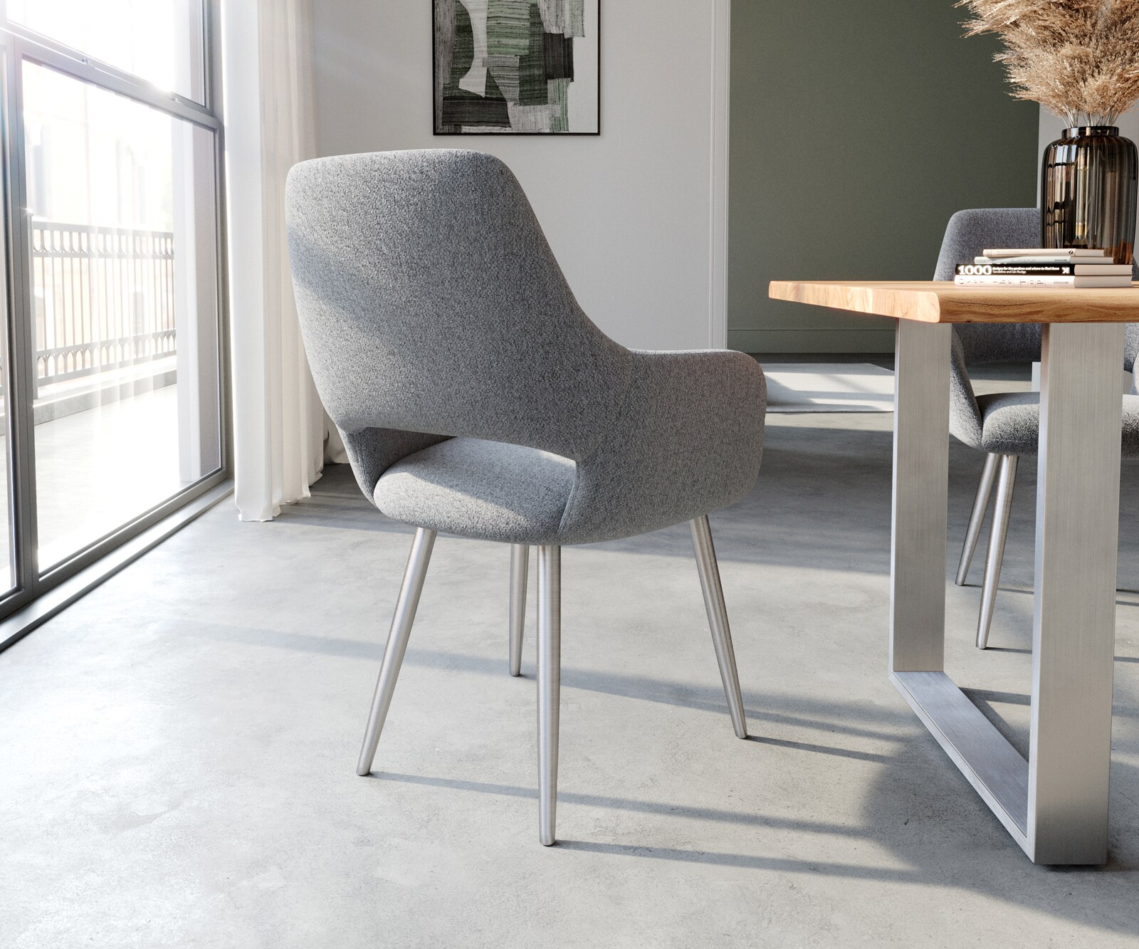 Esszimmerstuhl Yago-Flex mit Armlehnen Strukturstoff Hellgrau 4-Fuß konisch Edelstahl Taschenfederkern 5 Esszimmerstuhl Yago-Flex mit Armlehnen Strukturstoff Hellgrau 4-Fuß konisch Edelstahl Taschenfederkern 5