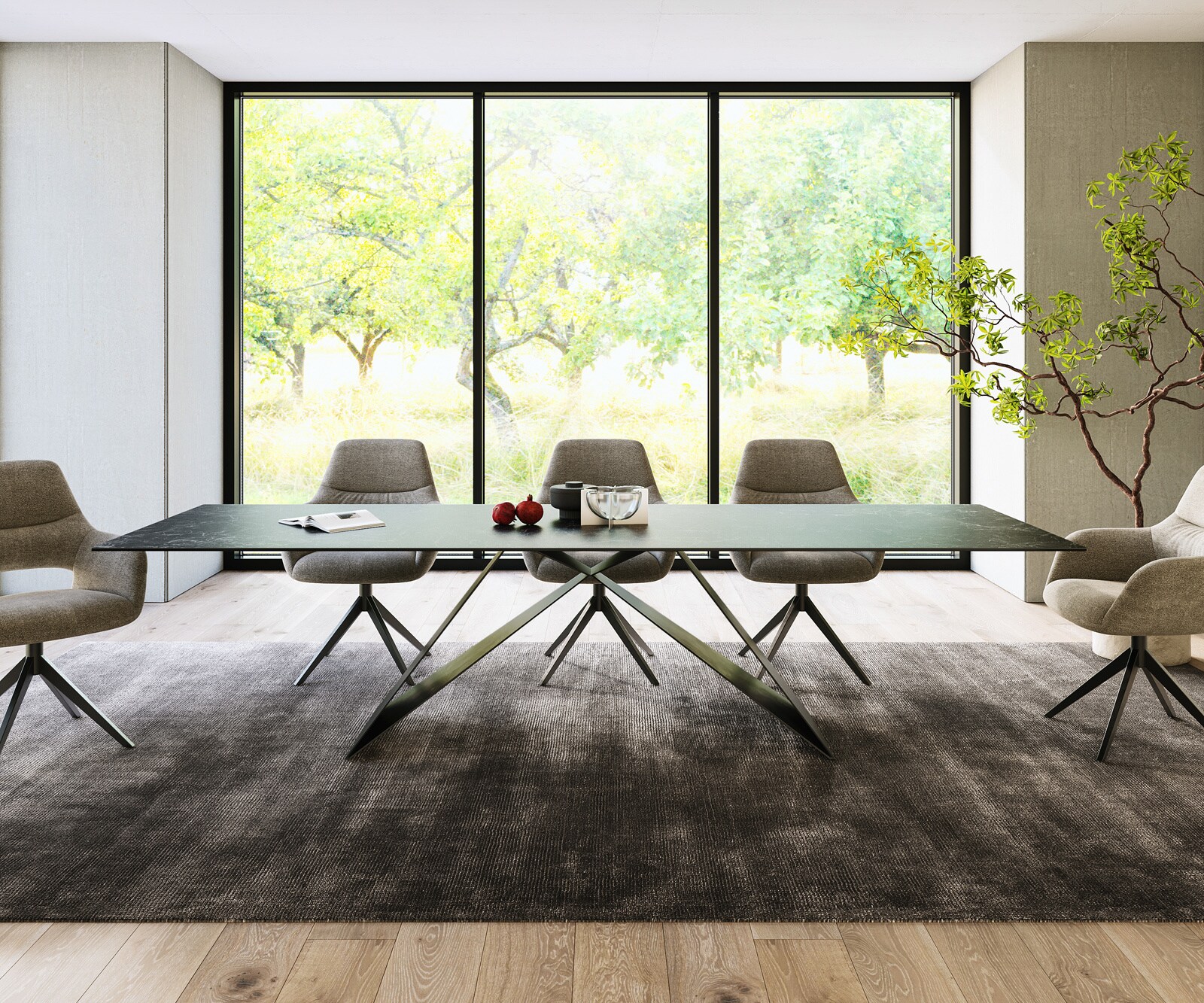 Table-à-manger Edge 300x100cm Laminam® céramique gris V-pieds milieu noir 1