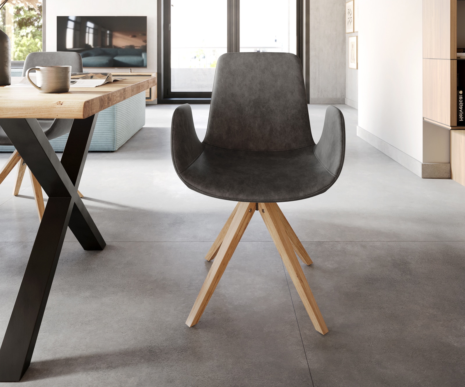 Esszimmerstuhl Ilia-Flex mit Armlehnen Mikrofaser Anthrazit Vintage Holzgestell konisch Natur 1 Esszimmerstuhl Ilia-Flex mit Armlehnen Mikrofaser Anthrazit Vintage Holzgestell konisch Natur 1