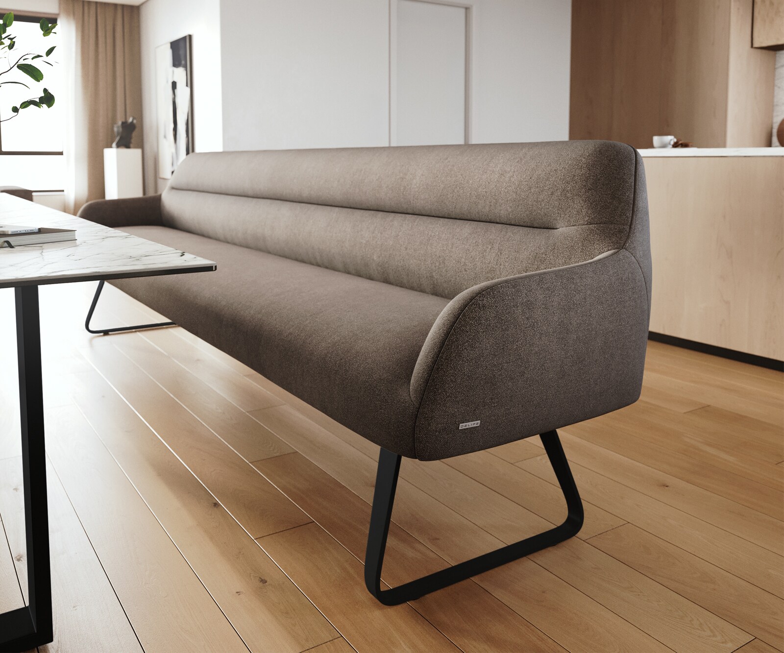 Banc-de-salle-à-manger Taya-Flex 300 cm tissu structuré doux taupe châssis à patins plat noir ressort ensaché 5