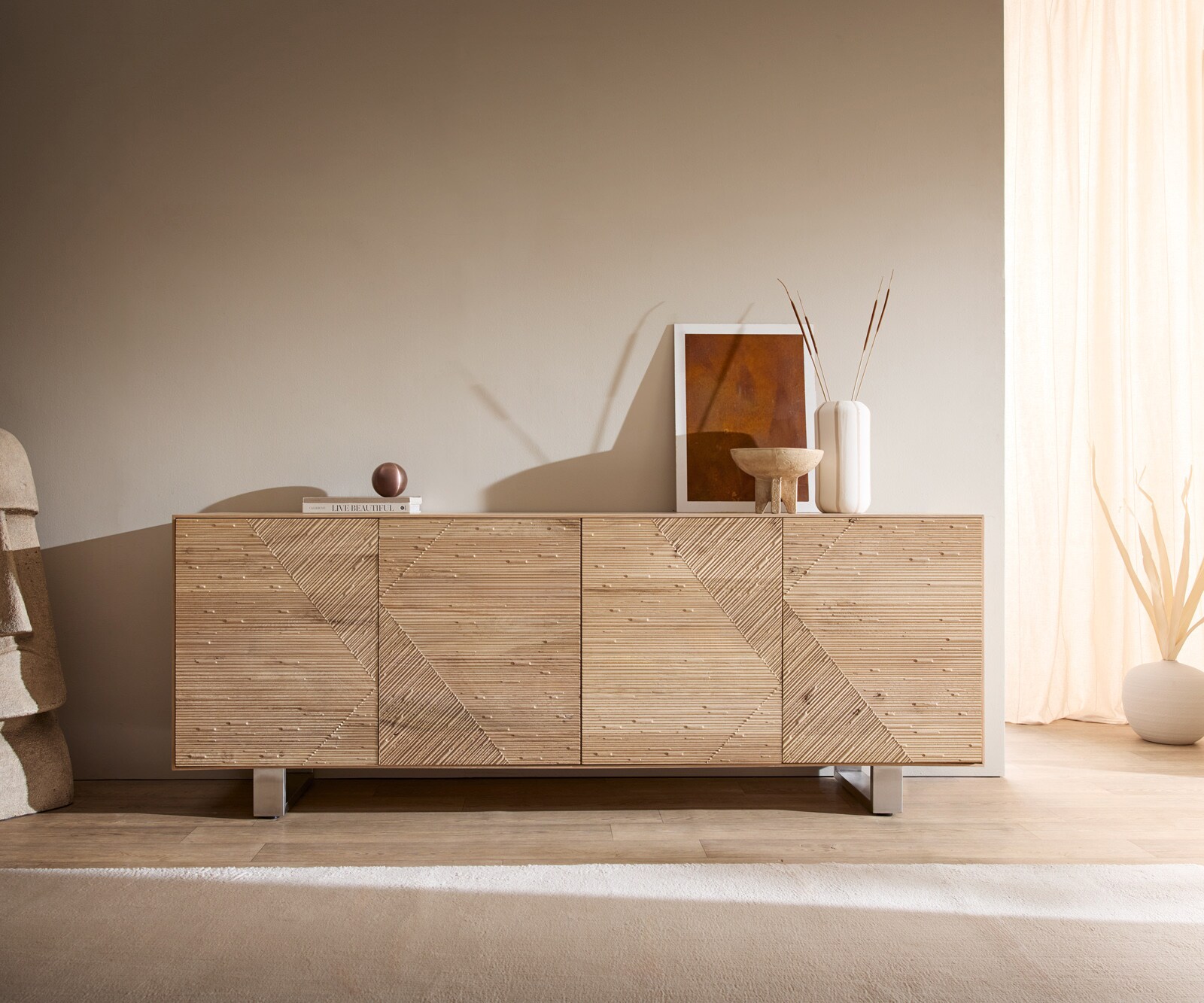 Sideboard Tereos 200 cm Eiche Natur 3D Effekt 4 Türen Kufe Edelstahl gebürstet 3