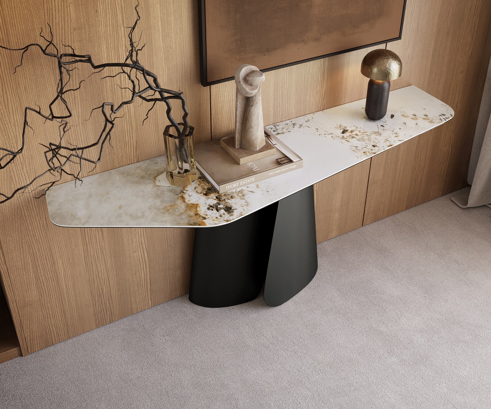 Console Edge Polygonal 180x50 cm Céramique Minas Melange Weiß-Beige Livos Métal Noir 2
