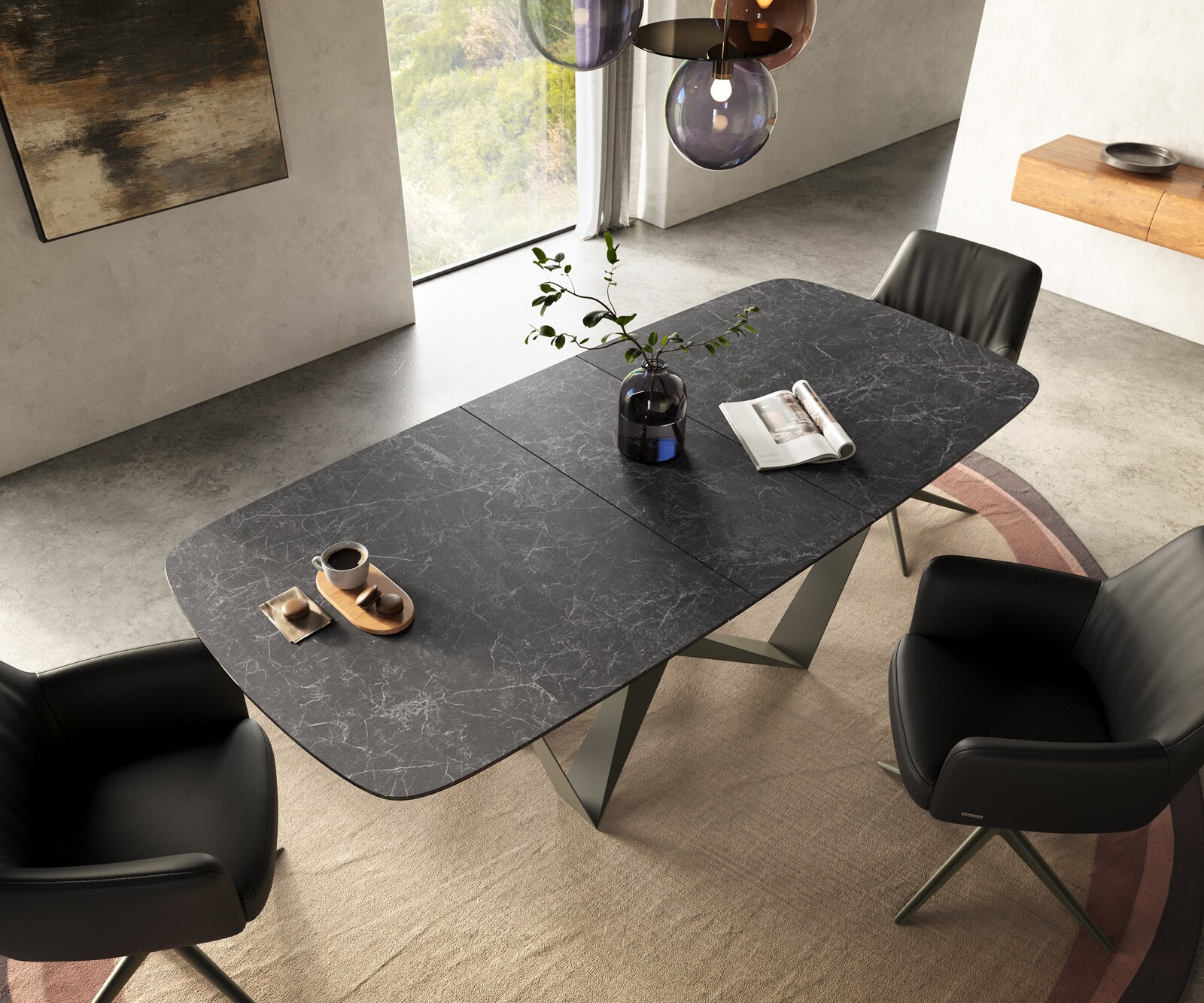 Esstisch Edge Boot 180-220x100 cm Keramik Laminam® Nero Greco Anthrazit Spider Metall Effektfinish Titan ausziehbar 3