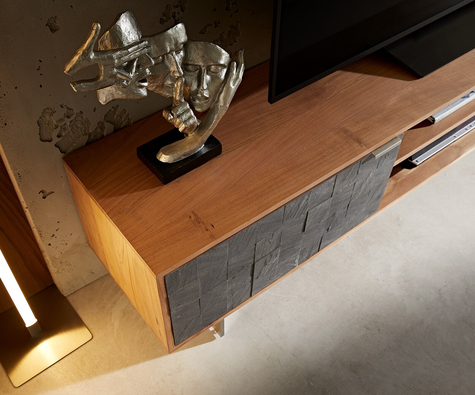 Meuble-TV Teele 200 cm acacia naturel ardoise 2 portes pied flottant inoxydable 3