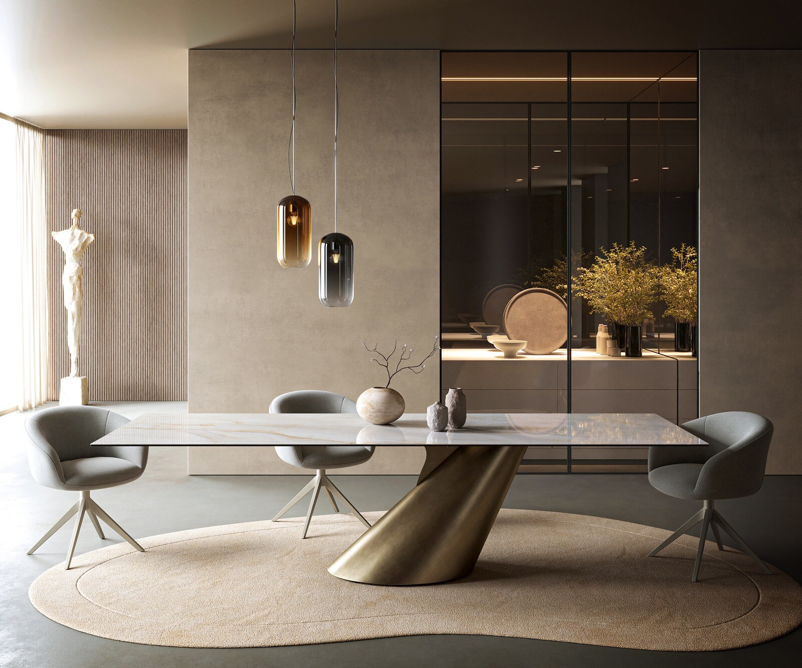 Table à manger Edge 300x100 cm céramique Onyx Pearl Cono métal doré 1